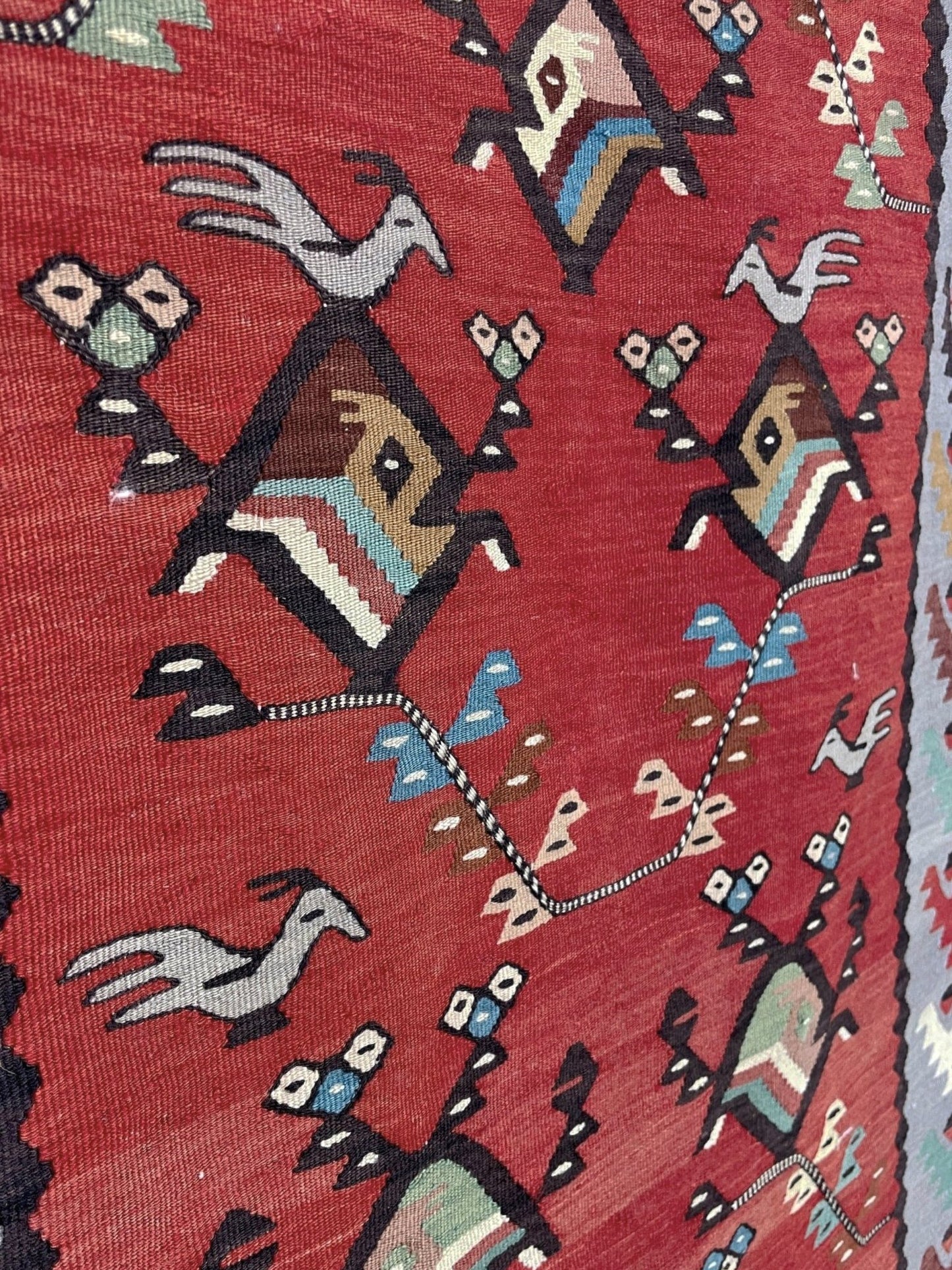 Vintage Pirot / Sarkoy 2x5  Balkan kilim runner rug with red field, gray borders, and bird motifs — handmade wool flatweave from the 1960s.