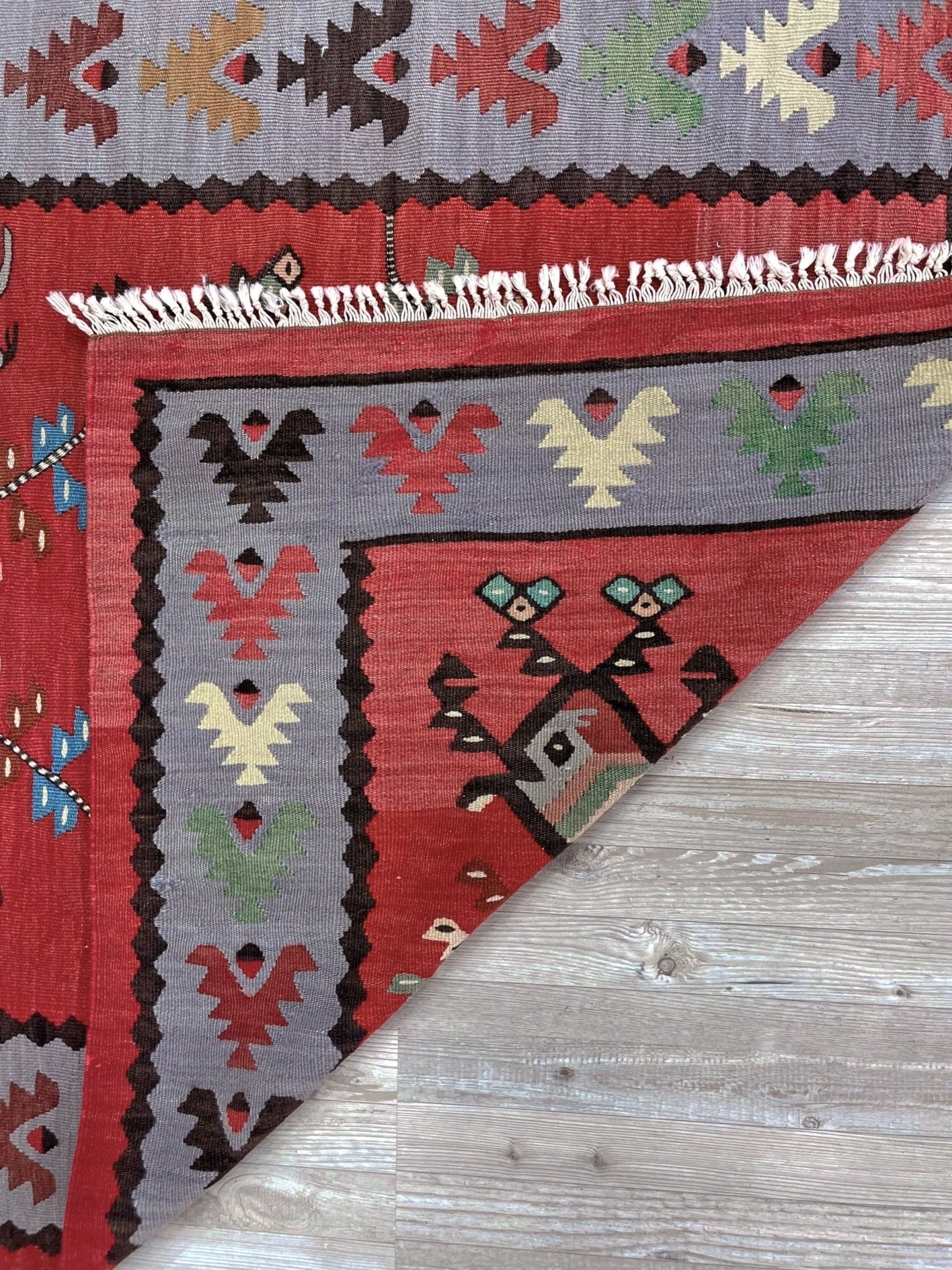 Vintage Pirot / Sarkoy 2x5  Balkan kilim runner rug with red field, gray borders, and bird motifs — handmade wool flatweave from the 1960s.