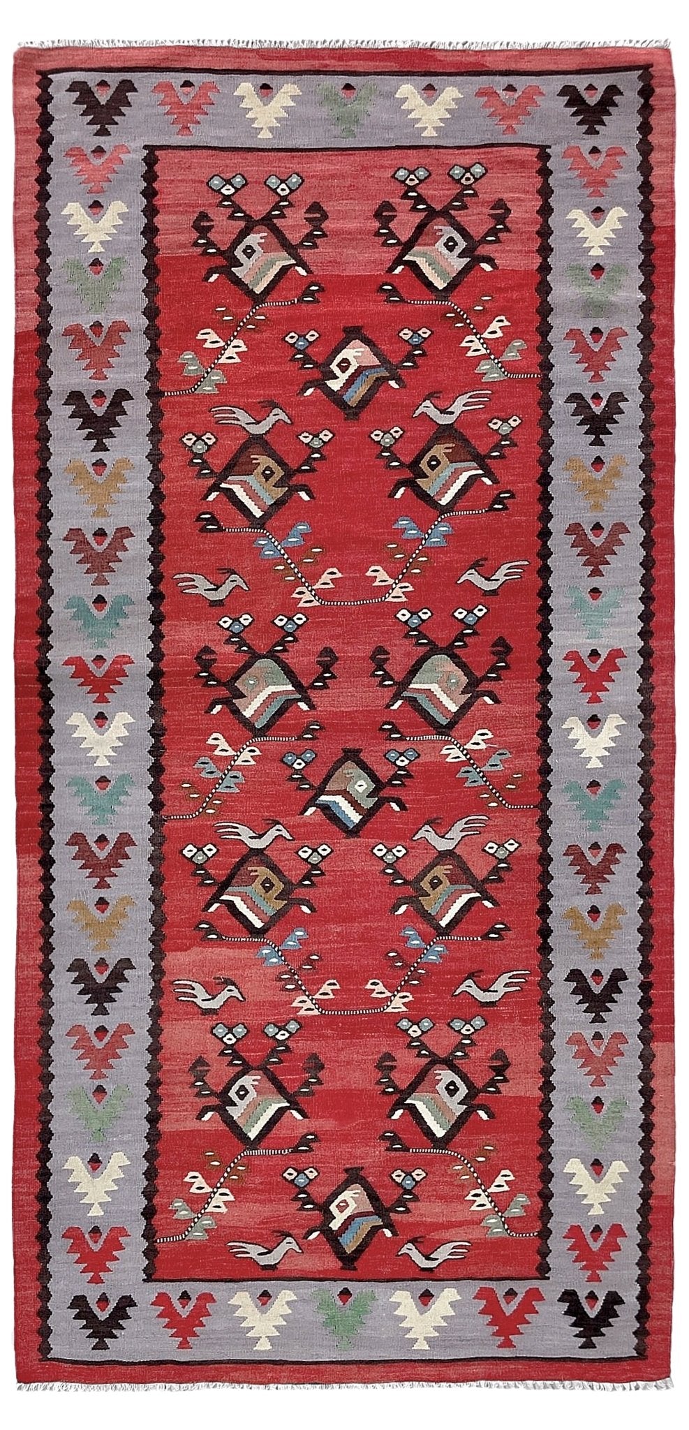 Vintage Pirot / Sarkoy 2x5  Balkan kilim runner rug with red field, gray borders, and bird motifs — handmade wool flatweave from the 1960s.