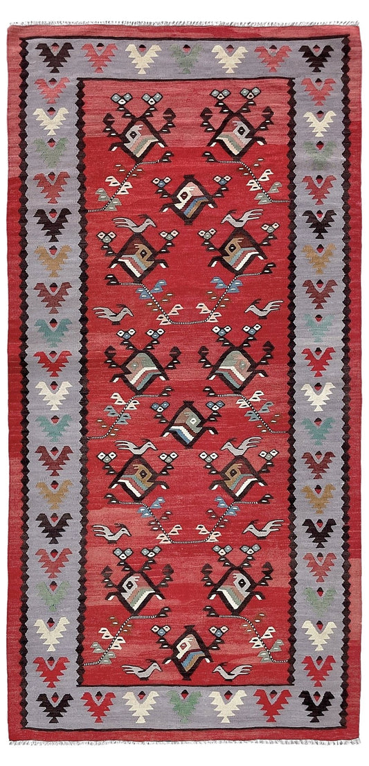 Vintage Pirot / Sarkoy 2x5  Balkan kilim runner rug with red field, gray borders, and bird motifs — handmade wool flatweave from the 1960s.