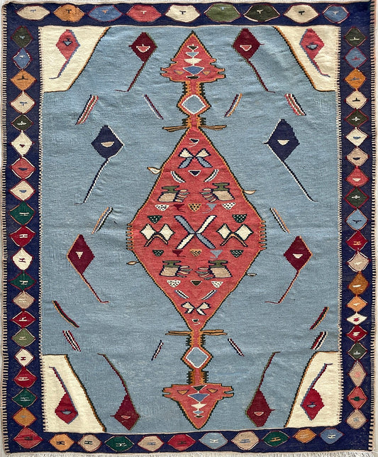 4x5 Small blue persian senneh kilim rug. Kilim rug shop san francisco bay area