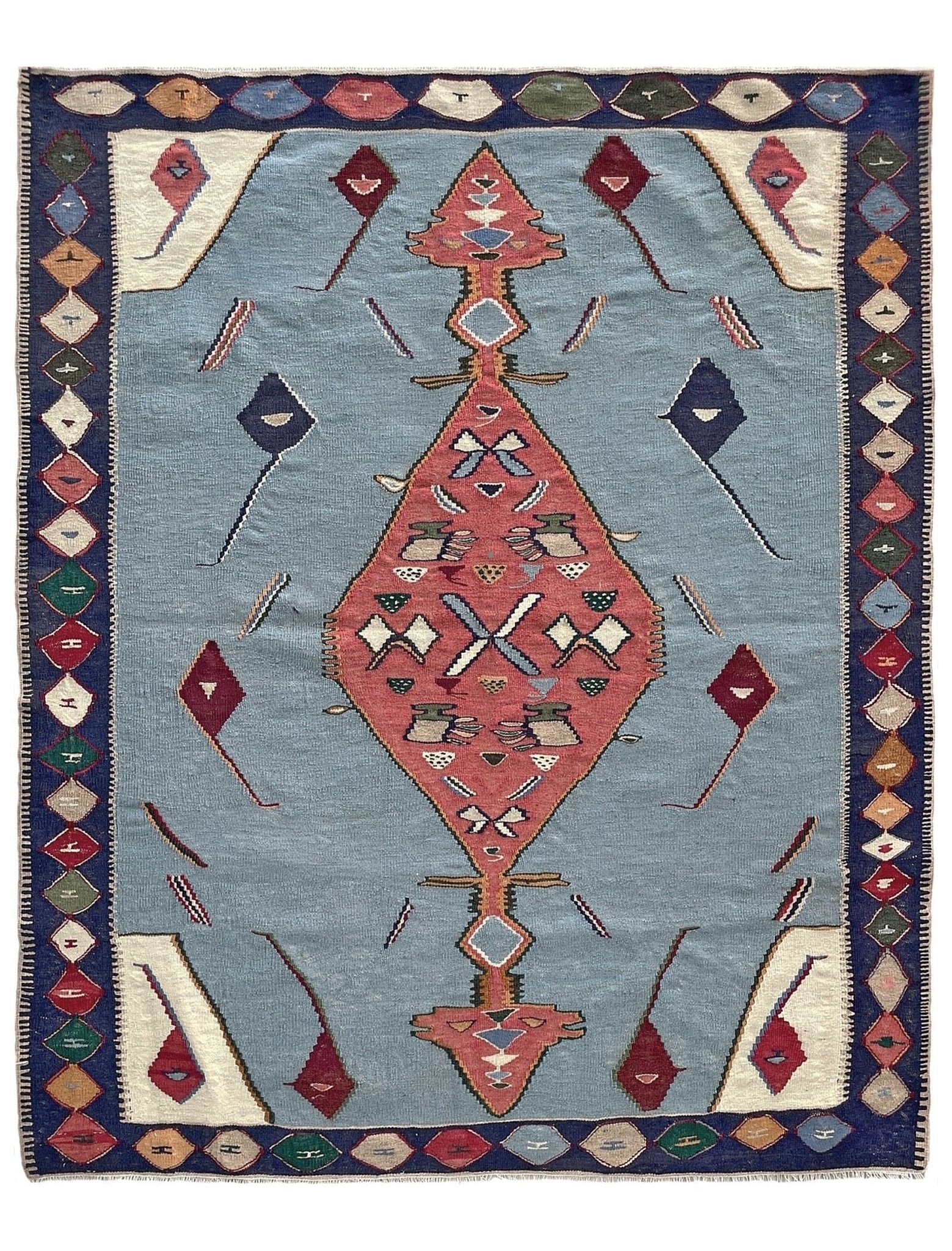 Decorative rug with geometric pattern on a blue background 4x5 persian senneh kilim rug. Kilim rug shop san francisco bay area