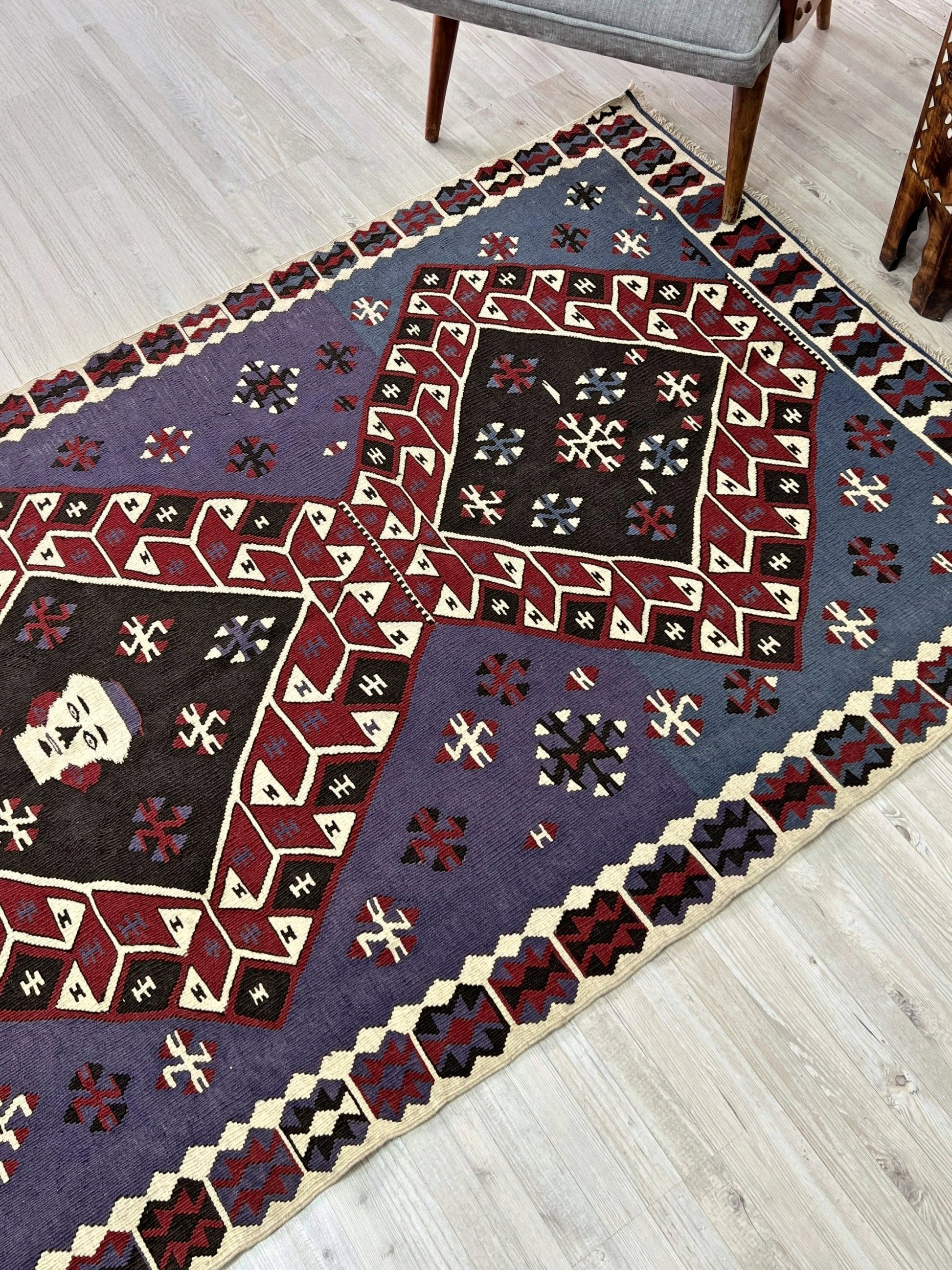 Violet blue Vintage Eastern Turkish kilim runner, 4x8, with bold geometric medallions in garnet red, ivory, navy, and black on a deep blue ground.
