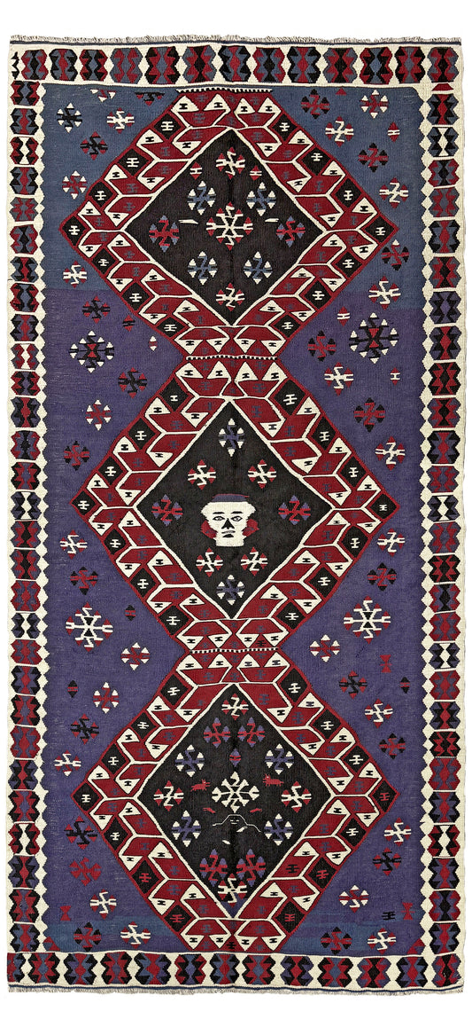 Violet blue Vintage Eastern Turkish kilim runner, 4x8, with bold geometric medallions in garnet red, ivory, navy, and black on a deep blue ground.