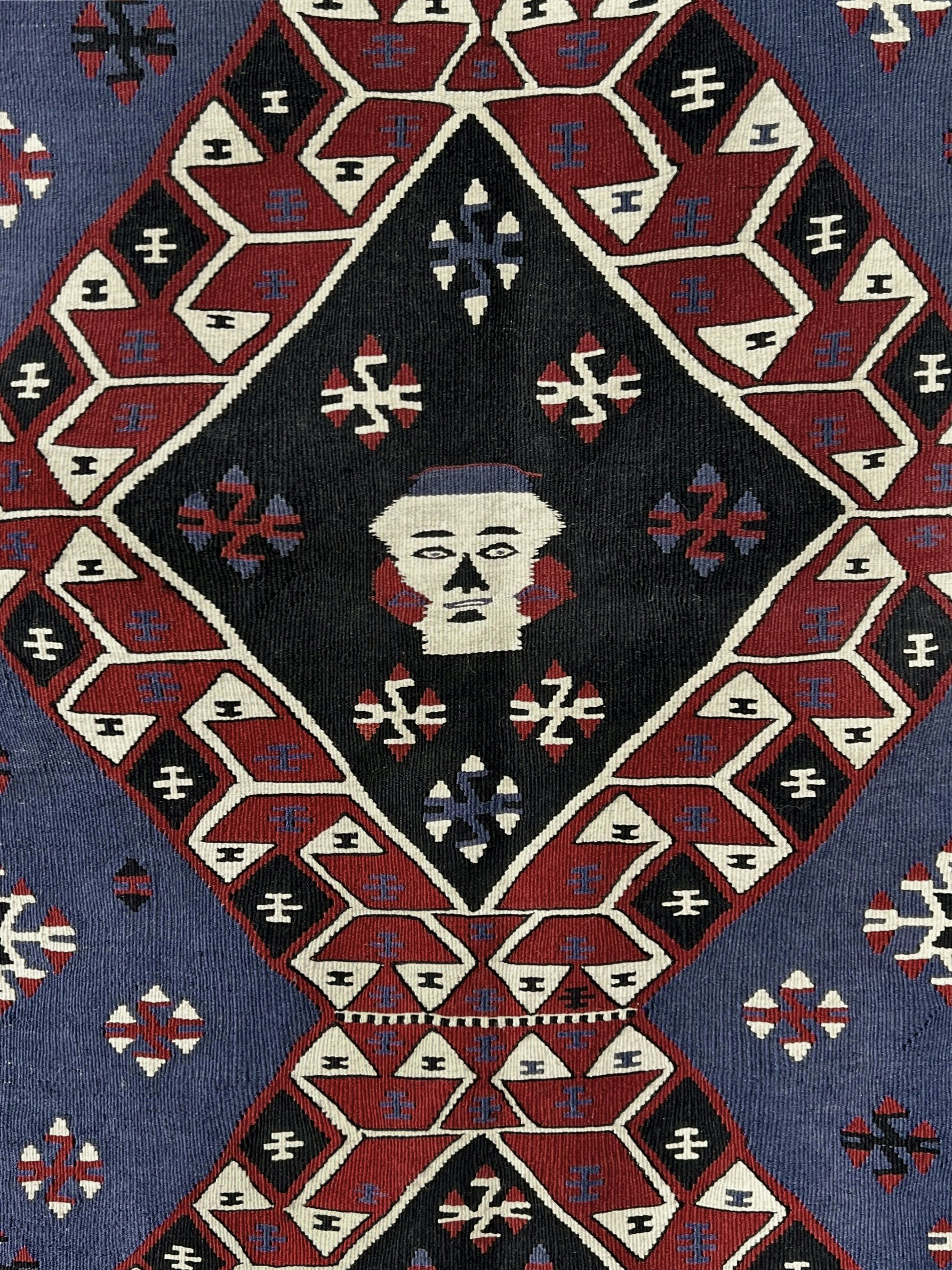 Violet blue Vintage Eastern Turkish kilim runner, 4x8, with bold geometric medallions in garnet red, ivory, navy, and black on a deep blue ground.