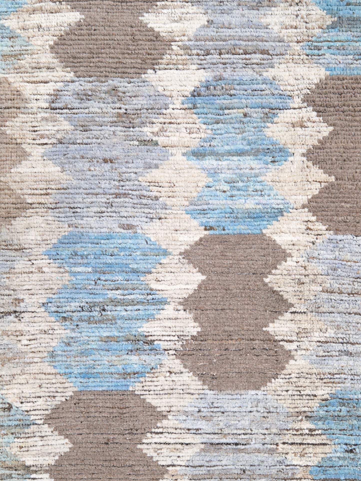 Soft blue Turkish Tulu rug with ivory, taupe and beige abstract geometric pattern, handmade textured Moroccan style wool area rug 8x10 from Indigo Rugs Burlingame Bay Area.