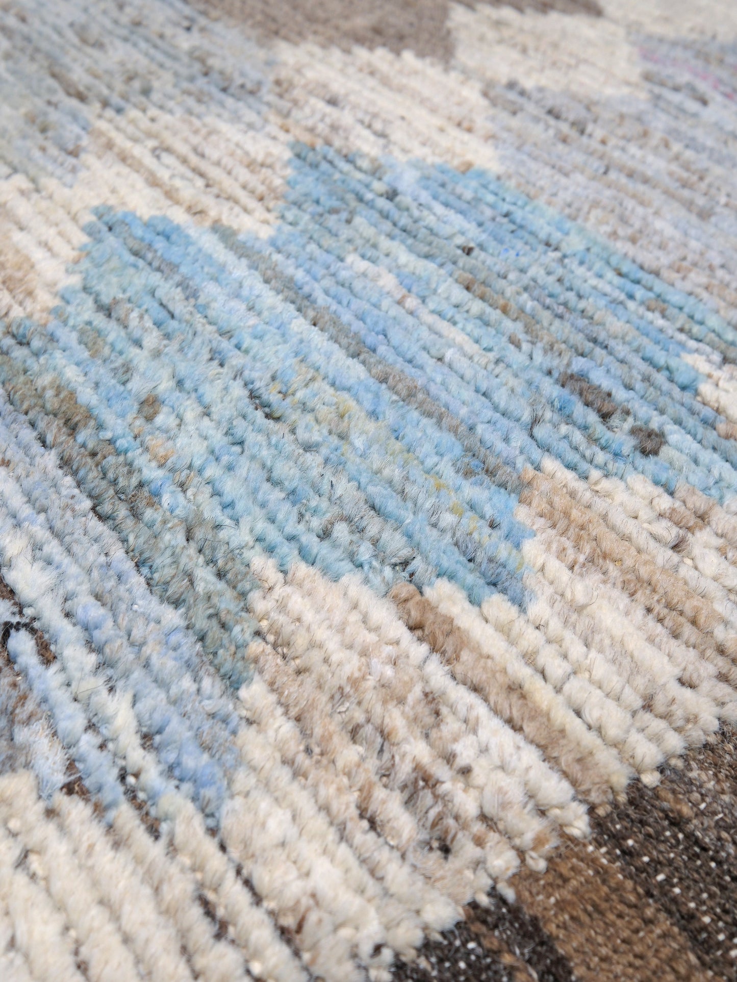 Soft blue Turkish Tulu rug with ivory, taupe and beige abstract geometric pattern, handmade textured Moroccan style wool area rug 8x10 from Indigo Rugs Burlingame Bay Area.
