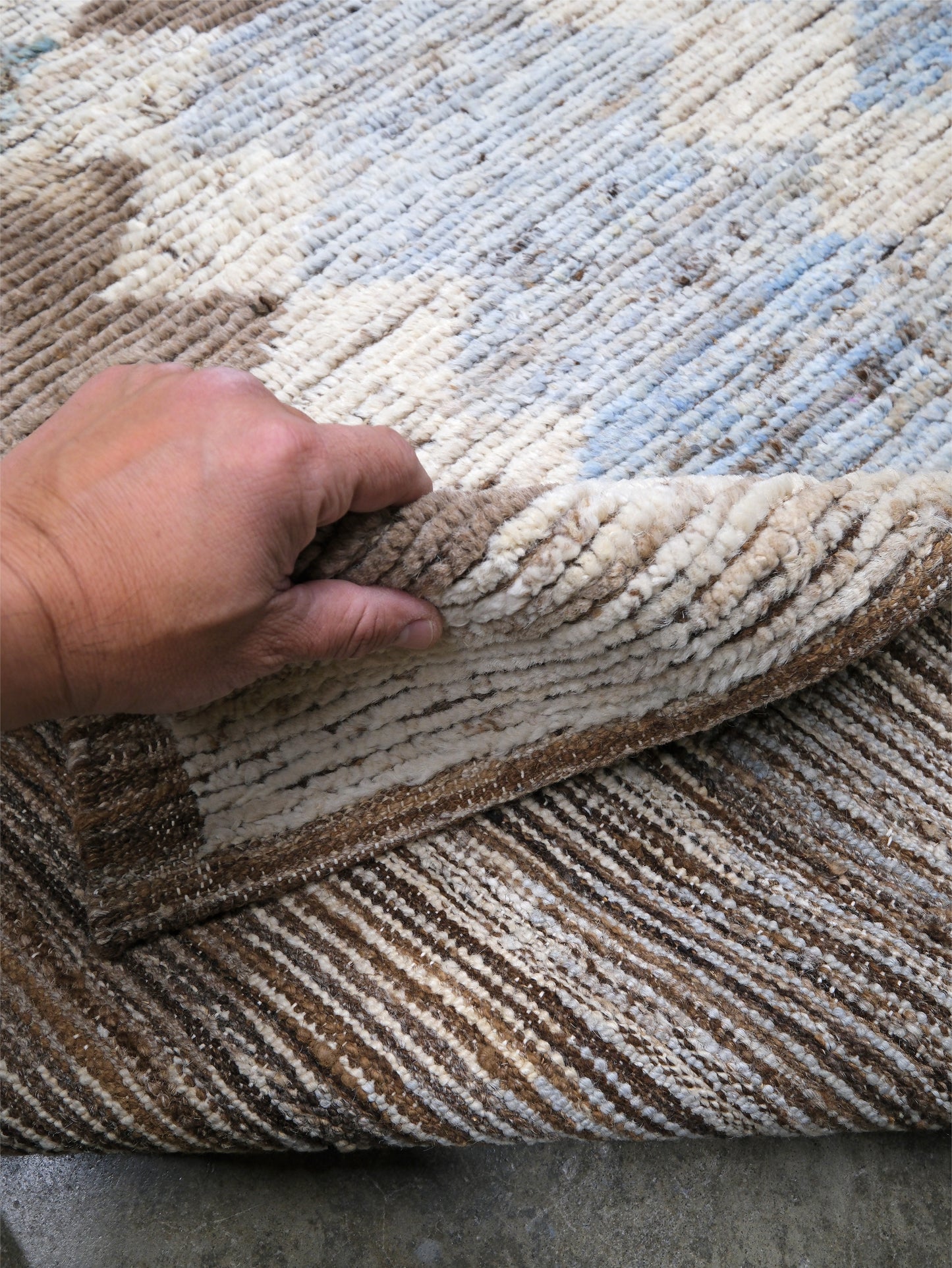 Soft blue Turkish Tulu rug with ivory, taupe and beige abstract geometric pattern, handmade textured Moroccan style wool area rug 8x10 from Indigo Rugs Burlingame Bay Area.
