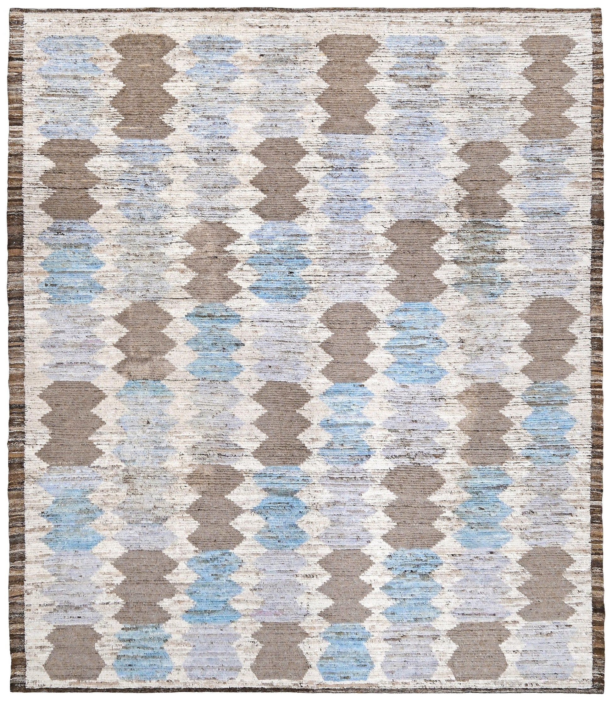 Soft blue Turkish Tulu rug with ivory, taupe and beige abstract geometric pattern, handmade textured Moroccan style wool area rug 8x10 from Indigo Rugs Burlingame Bay Area.