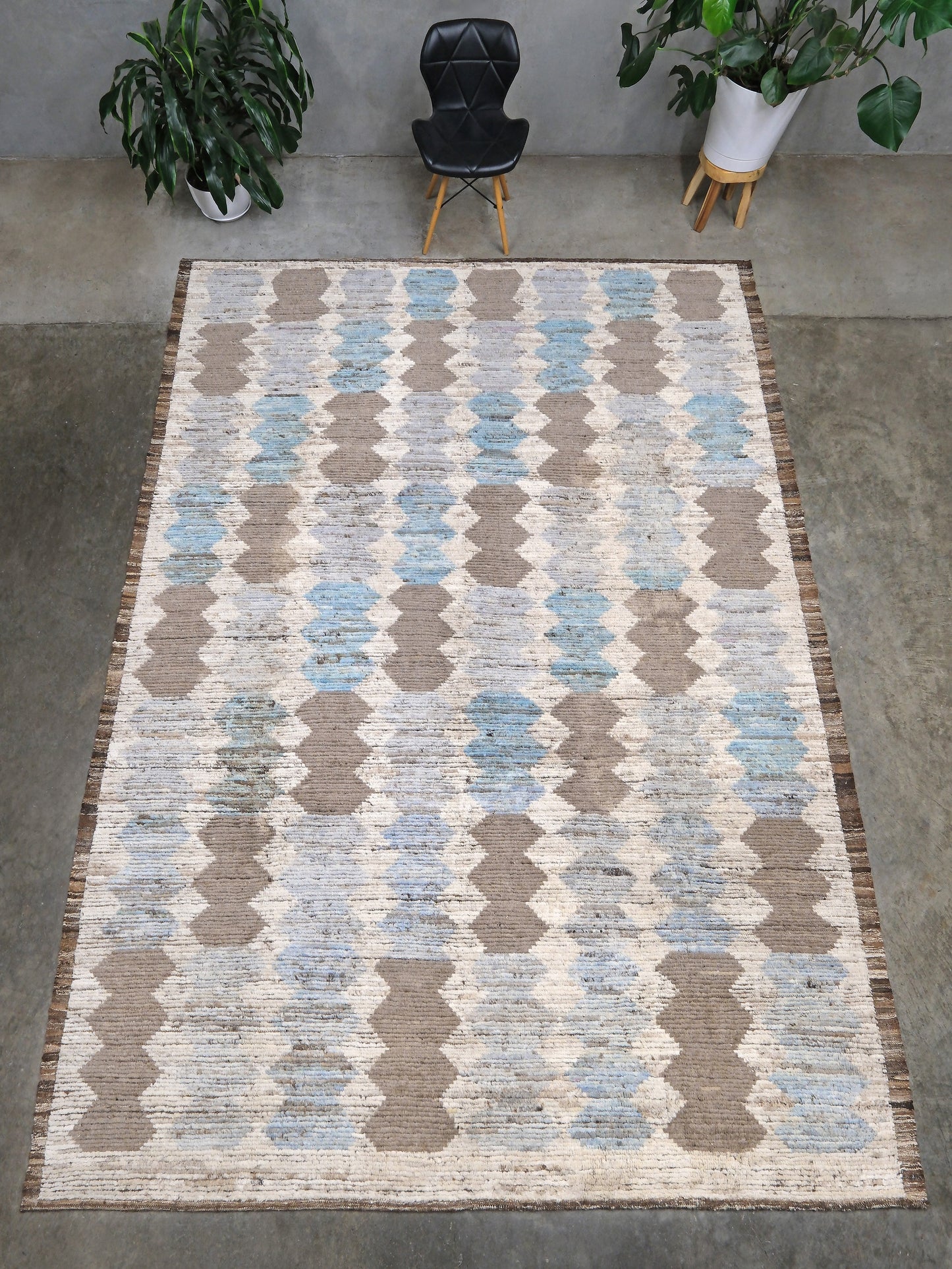 Soft blue Turkish Tulu rug with ivory, taupe and beige abstract geometric pattern, handmade textured Moroccan style wool area rug 8x10 from Indigo Rugs Burlingame Bay Area.
