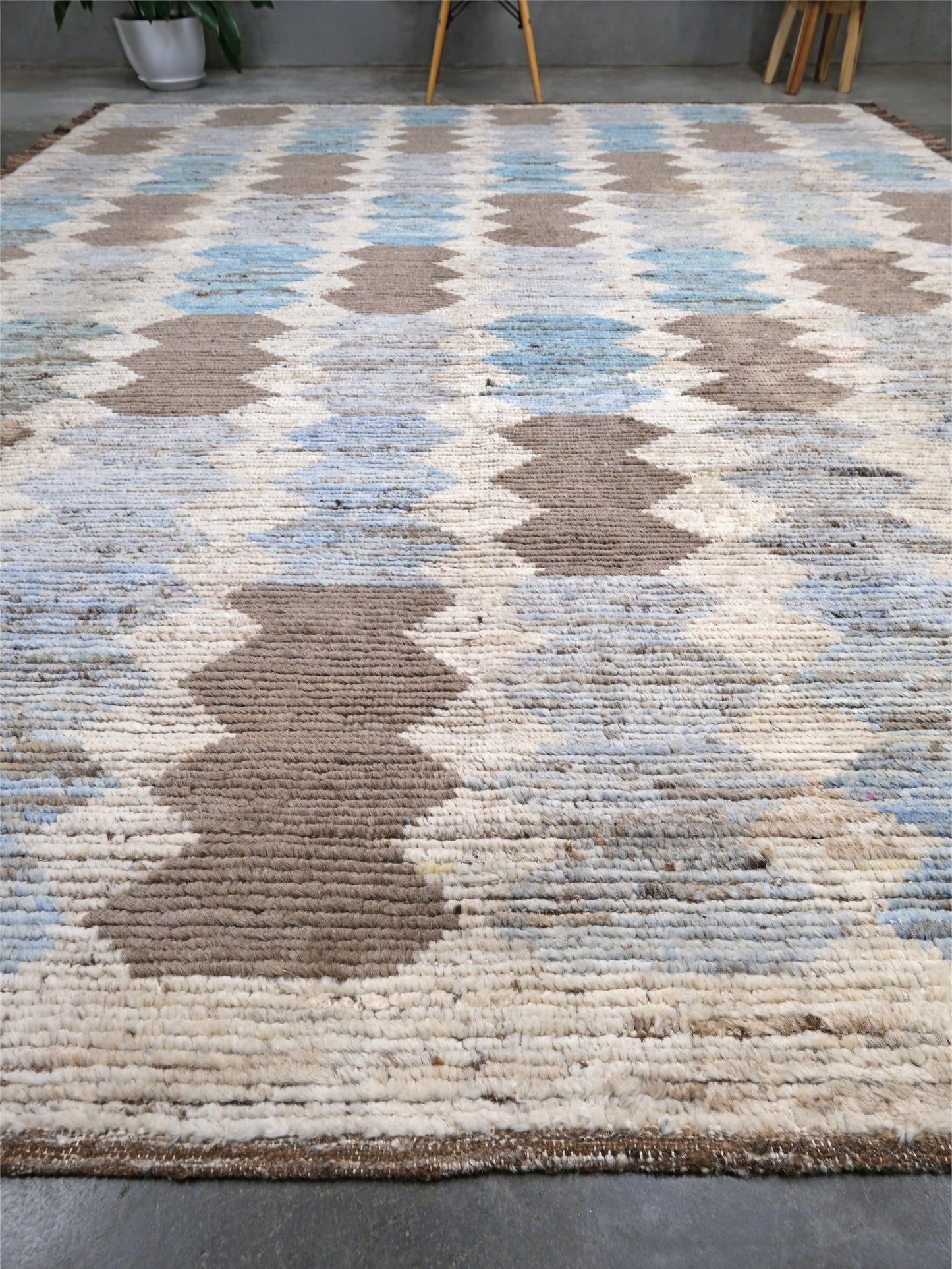 Soft blue Turkish Tulu rug with ivory, taupe and beige abstract geometric pattern, handmade textured Moroccan style wool area rug 8x10 from Indigo Rugs Burlingame Bay Area.