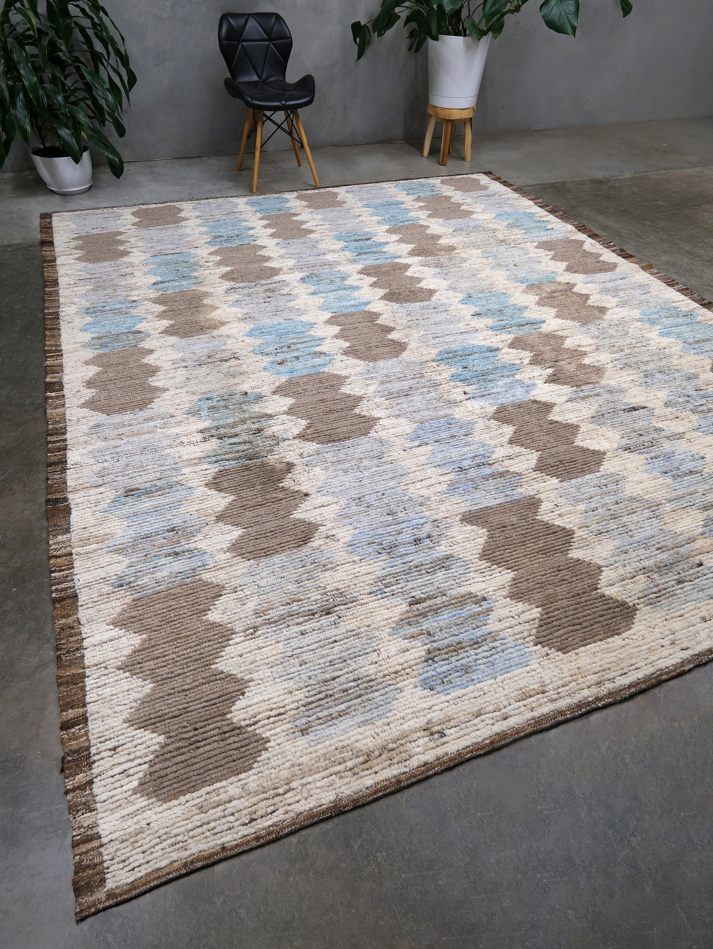 Soft blue Turkish Tulu rug with ivory, taupe and beige abstract geometric pattern, handmade textured Moroccan style wool area rug 8x10 from Indigo Rugs Burlingame Bay Area.
