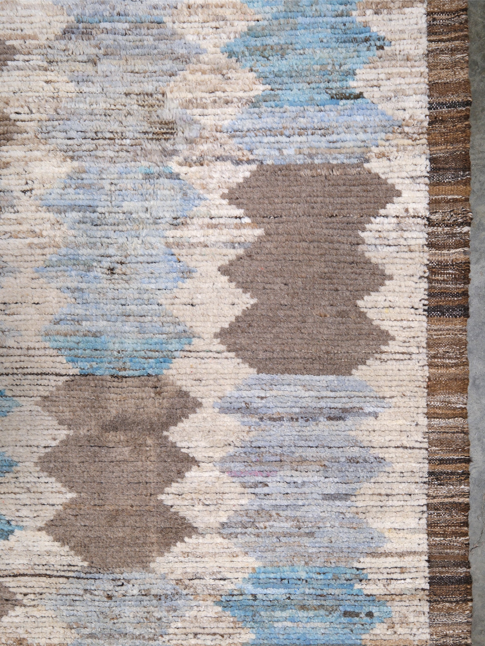 Soft blue Turkish Tulu rug with ivory, taupe and beige abstract geometric pattern, handmade textured Moroccan style wool area rug 8x10 from Indigo Rugs Burlingame Bay Area.