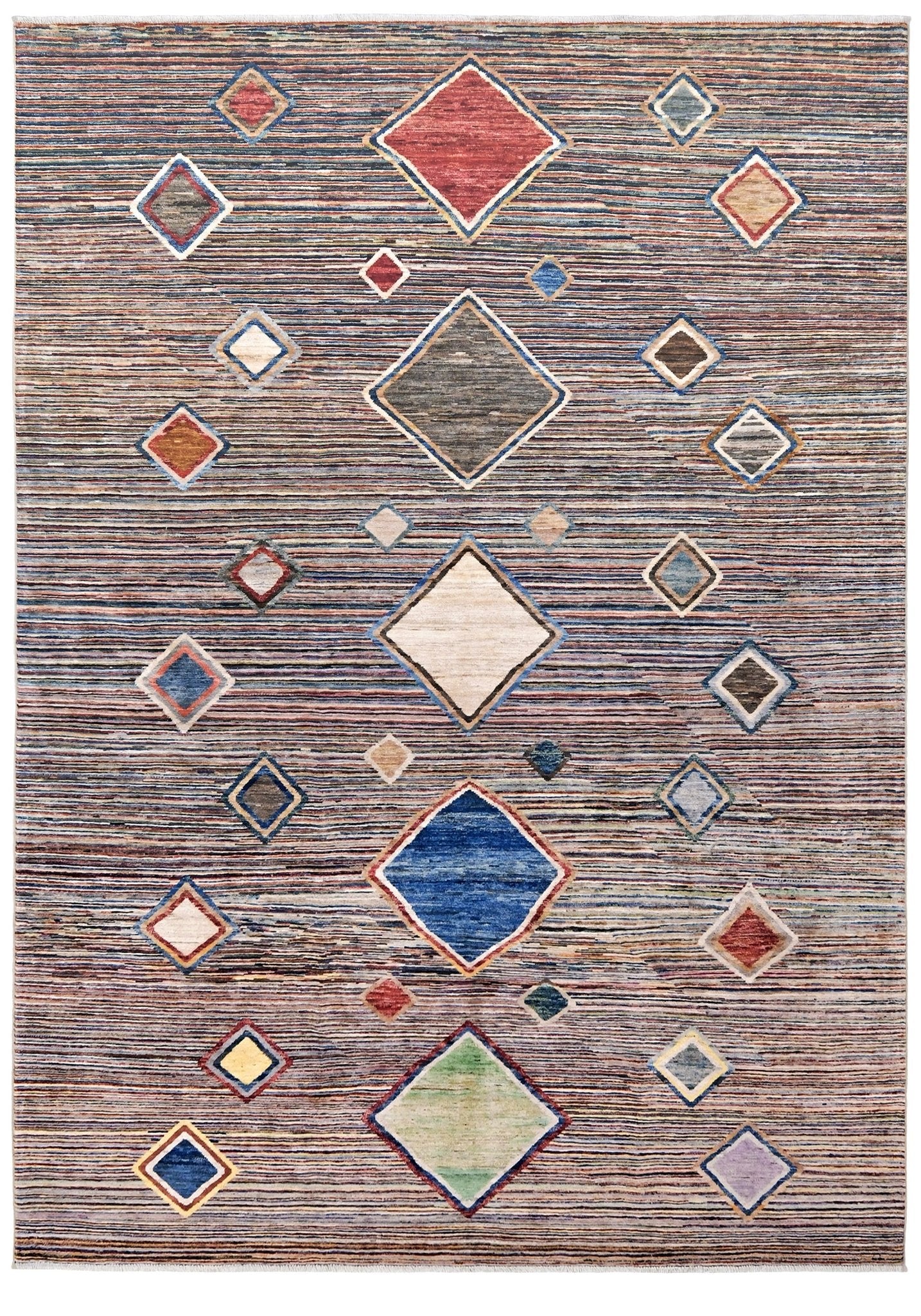 Modern Turkish Gabbeh style handmade wool rug with colorful diamond medallions on a striped field in blue, red, ivory, gray, green, camel and lavender, 7x10 from Indigo Rugs Burlingame Bay Area.