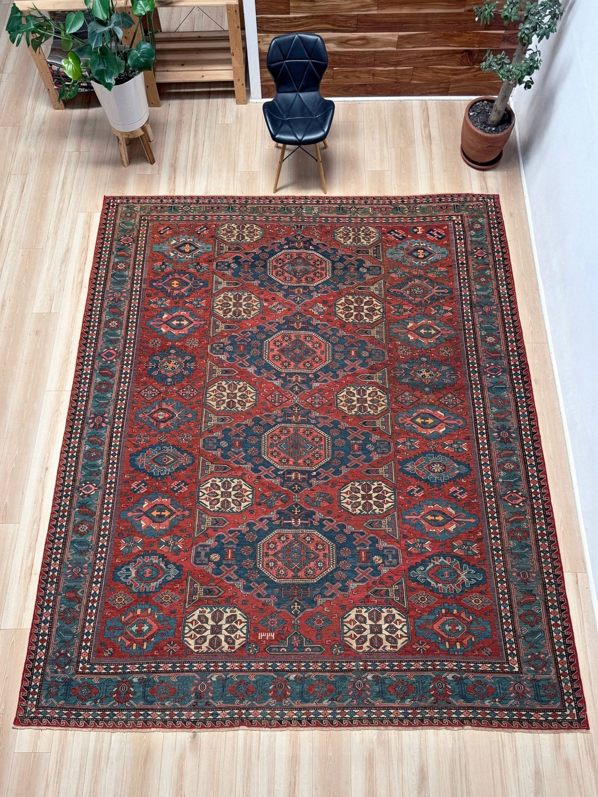 Antique Konagkend Kuba Caucasian Soumak rug, 10x10 square, with madder red and deep indigo field, large octagonal medallions, blue geometric borders, handwoven wool 