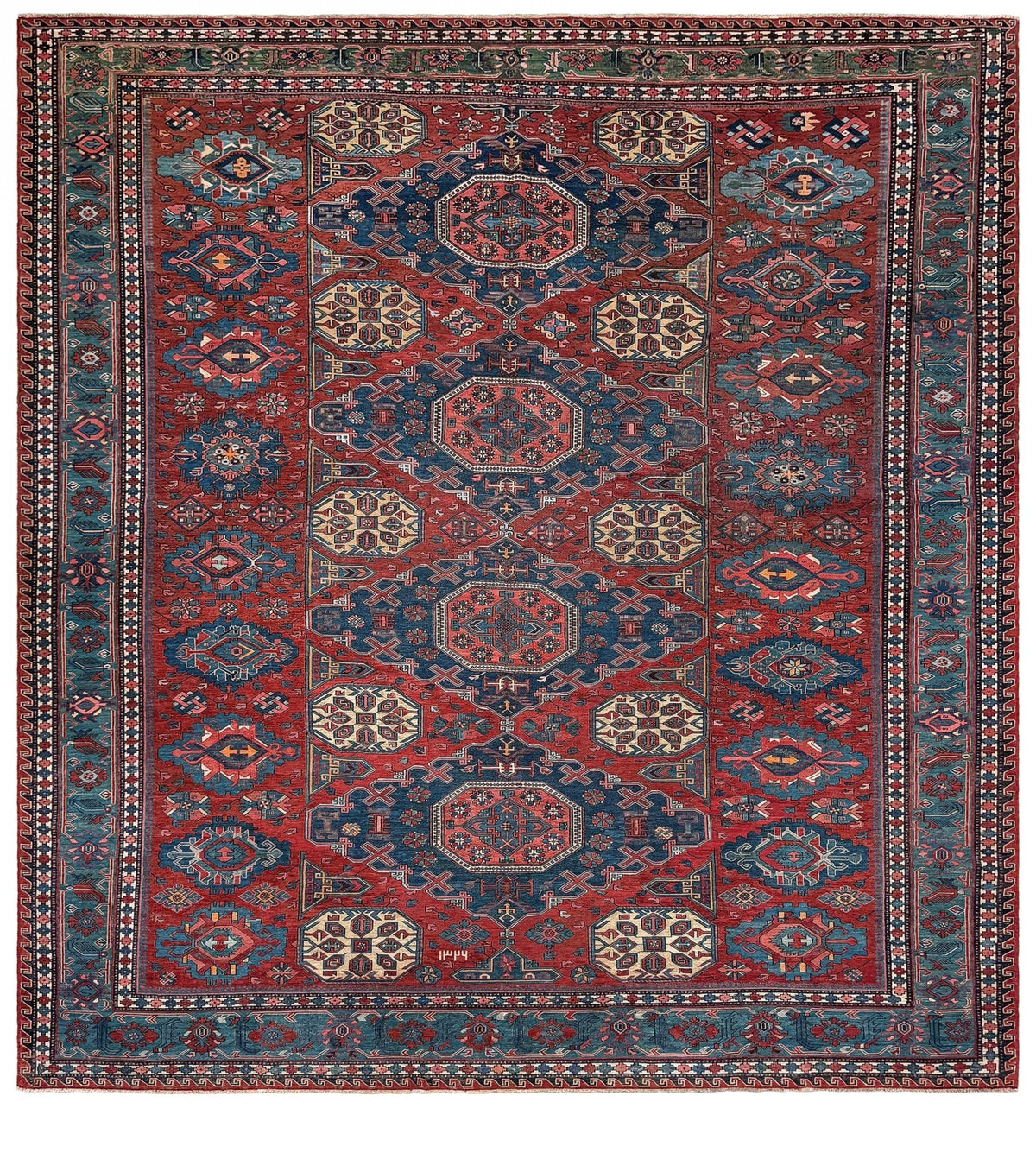 Antique Konagkend Kuba Caucasian Soumak rug, 10x10 square, with madder red and deep indigo field, large octagonal medallions, blue geometric borders, handwoven wool 