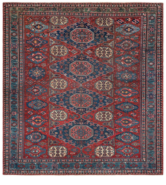 Antique Konagkend Kuba Caucasian Soumak rug, 10x10 square, with madder red and deep indigo field, large octagonal medallions, blue geometric borders, handwoven wool 