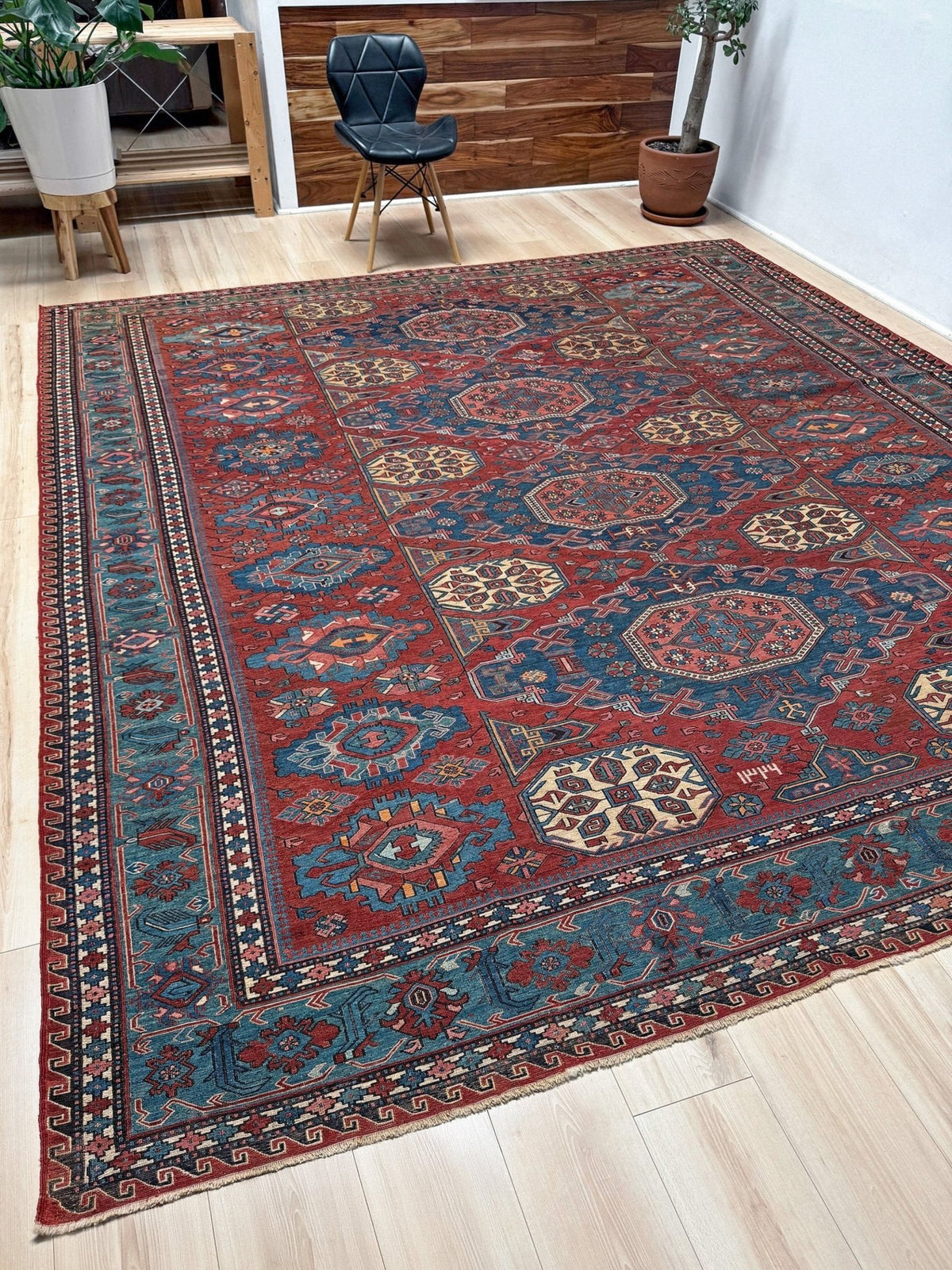 Antique Konagkend Kuba Caucasian Soumak rug, 10x10 square, with madder red and deep indigo field, large octagonal medallions, blue geometric borders, handwoven wool 