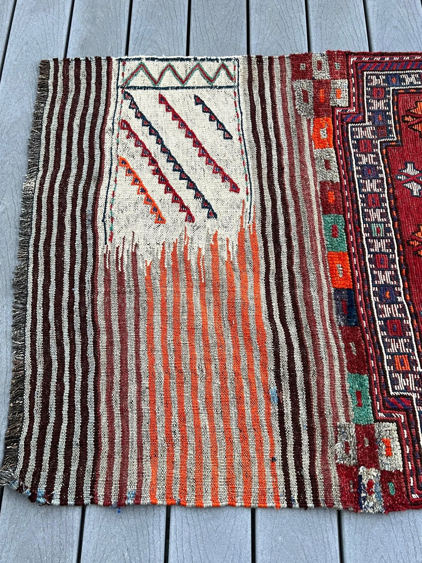 Vintage Bakhtiari Khorjin saddle bag rug 3x8 — 1940s Persian tribal runner handwoven with flatweave, pile, and soumak techniques in crimson red, indigo blue, and ivory — antique wool rug from Northwest Persia, Indigo Rugs Burlingame CA