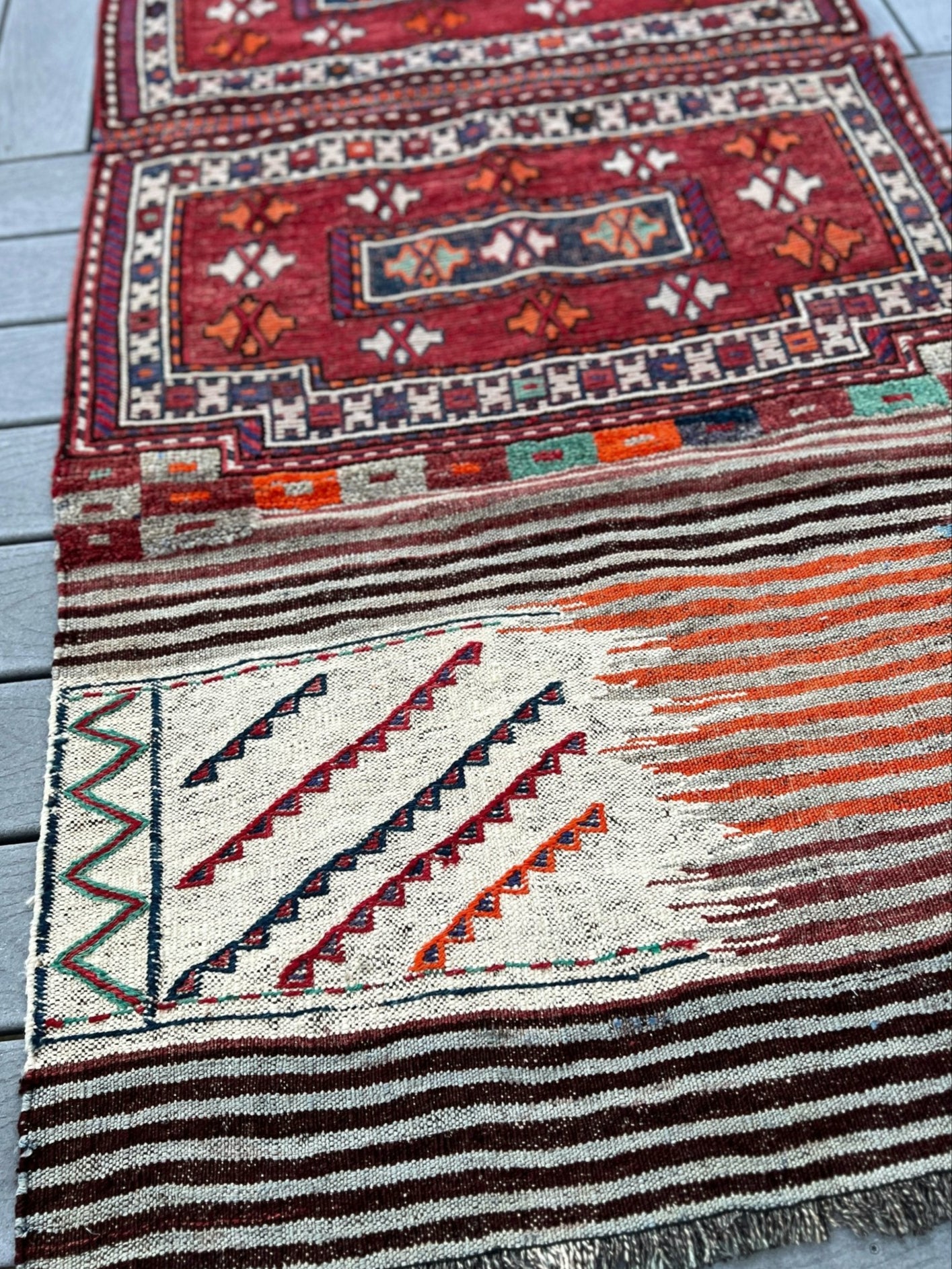 Vintage Bakhtiari Khorjin saddle bag rug 3x8 — 1940s Persian tribal runner handwoven with flatweave, pile, and soumak techniques in crimson red, indigo blue, and ivory — antique wool rug from Northwest Persia, Indigo Rugs Burlingame CA