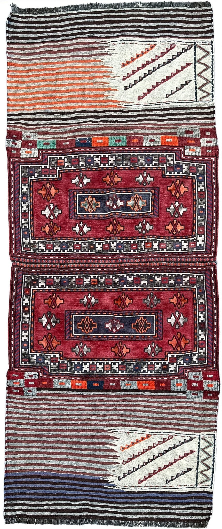 Vintage Bakhtiari Khorjin saddle bag rug 3x8 — 1940s Persian tribal runner handwoven with flatweave, pile, and soumak techniques in crimson red, indigo blue, and ivory — antique wool rug from Northwest Persia, Indigo Rugs Burlingame CA