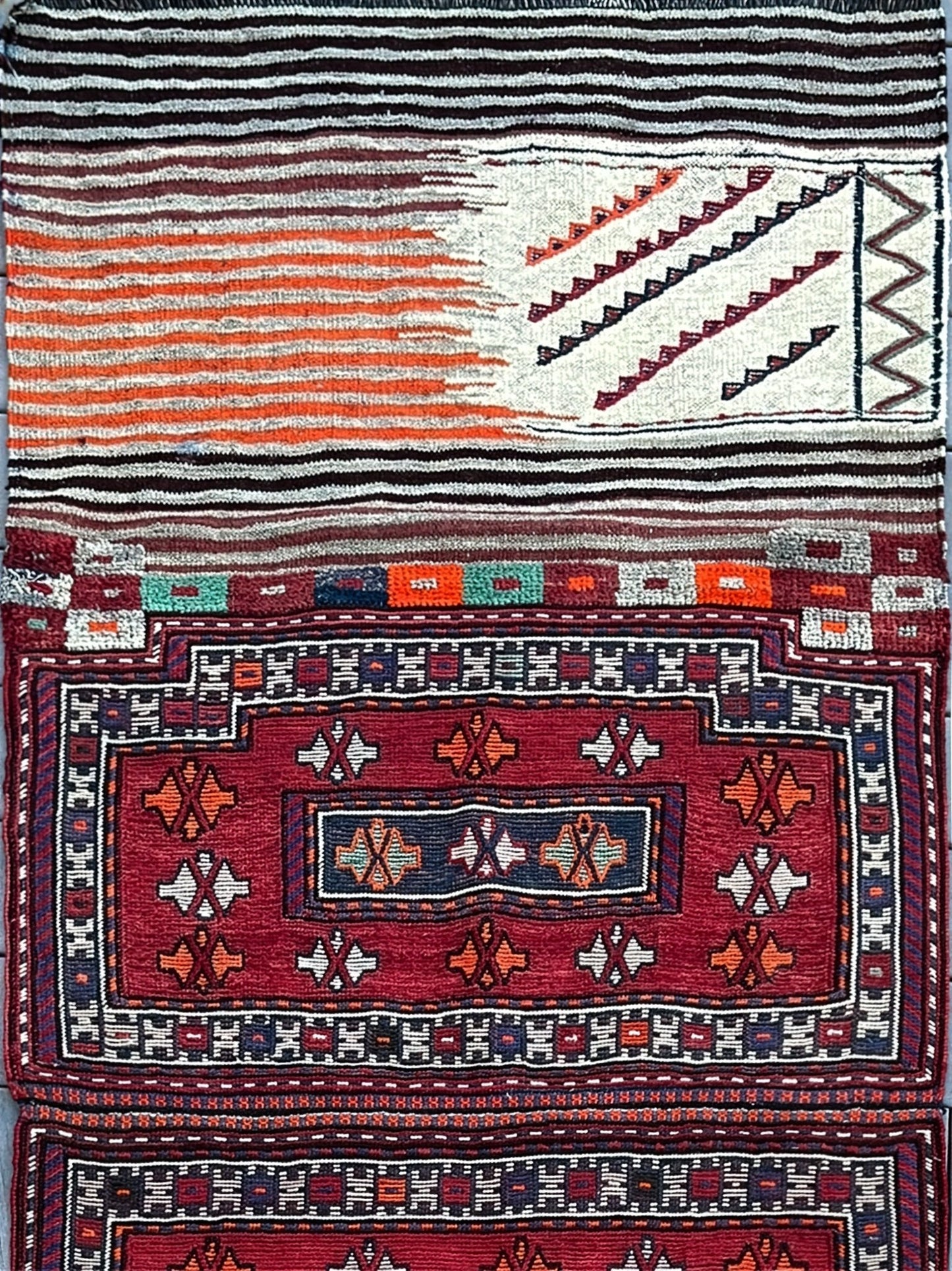 Vintage Bakhtiari Khorjin saddle bag rug 3x8 — 1940s Persian tribal runner handwoven with flatweave, pile, and soumak techniques in crimson red, indigo blue, and ivory — antique wool rug from Northwest Persia, Indigo Rugs Burlingame CA