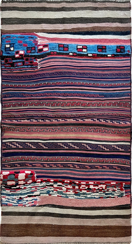Vintage Bakhtiari saddle bag rug (3'1"x5'9") featuring handspun wool, taupe and indigo stripes, rose and blue tribal accents, and rare triple-weave construction — handmade in NW Persia, circa 1940s
