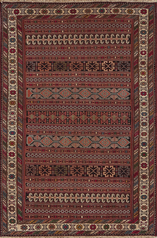 Vintage Rahrah Persian Soumak flatweave rug with terracotta, rust, olive, and ivory geometric bands — handmade wool wall hanging from 1960s Northwest Persia, available at Indigo Rugs, the best rug shop in San Francisco Bay Area, Burlingame CA.