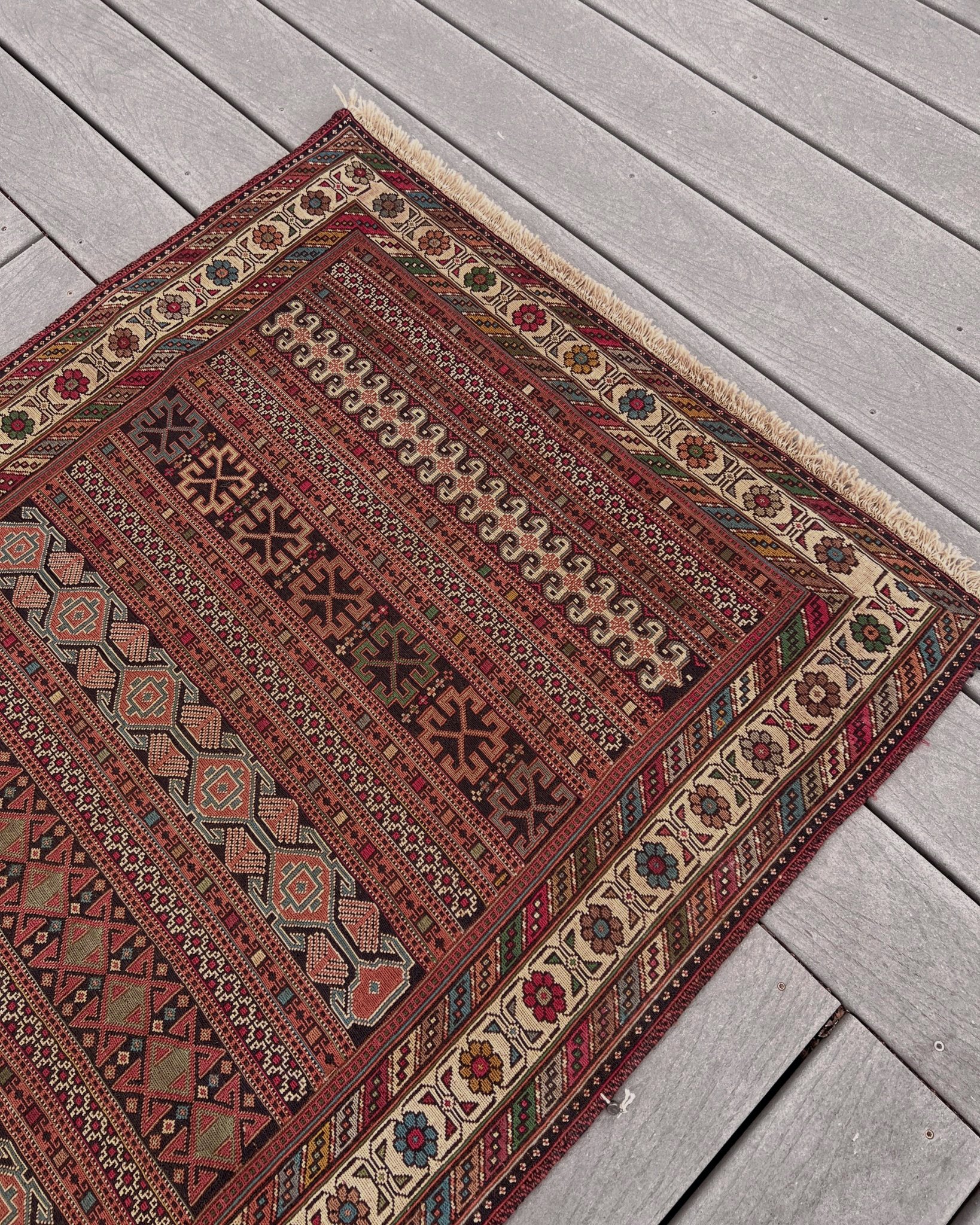 Vintage Rahrah Persian Soumak flatweave rug with terracotta, rust, olive, and ivory geometric bands — handmade wool wall hanging from 1960s Northwest Persia, available at Indigo Rugs, the best rug shop in San Francisco Bay Area, Burlingame CA.