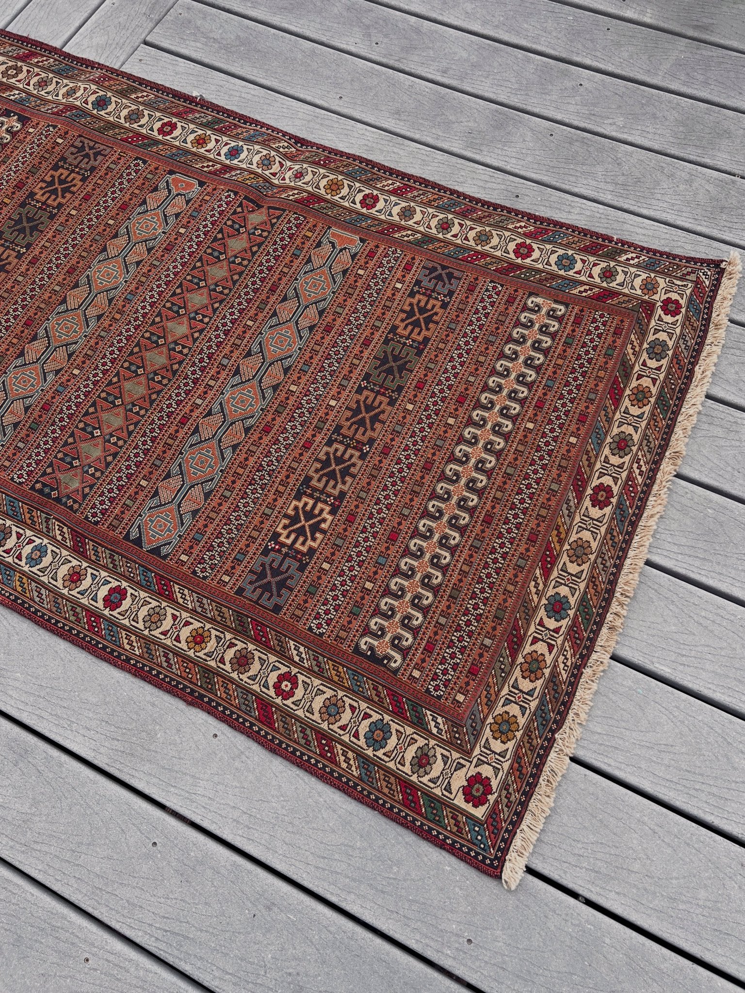 Vintage Rahrah Persian Soumak flatweave rug with terracotta, rust, olive, and ivory geometric bands — handmade wool wall hanging from 1960s Northwest Persia, available at Indigo Rugs, the best rug shop in San Francisco Bay Area, Burlingame CA.