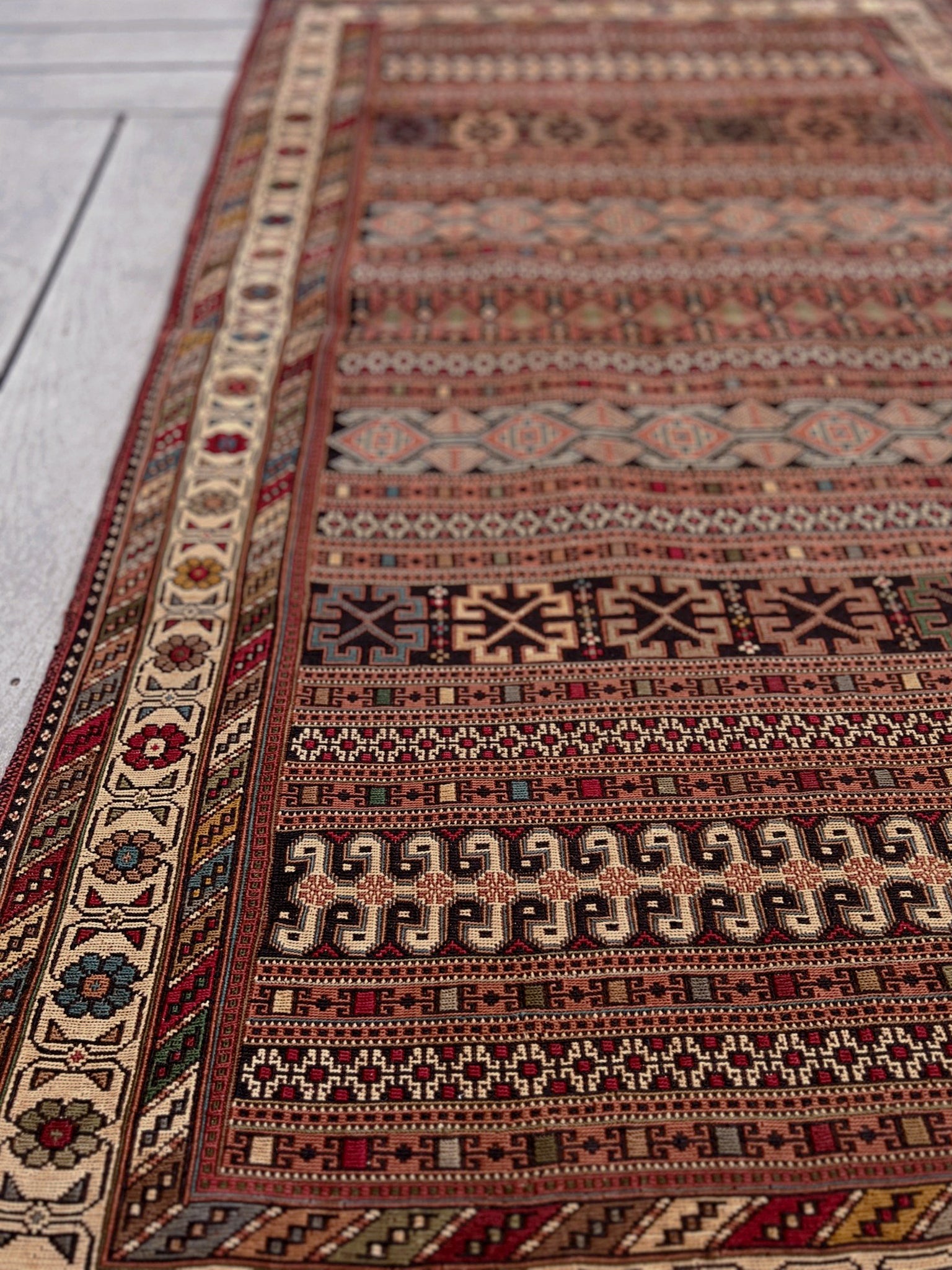 Vintage Rahrah Persian Soumak flatweave rug with terracotta, rust, olive, and ivory geometric bands — handmade wool wall hanging from 1960s Northwest Persia, available at Indigo Rugs, the best rug shop in San Francisco Bay Area, Burlingame CA.