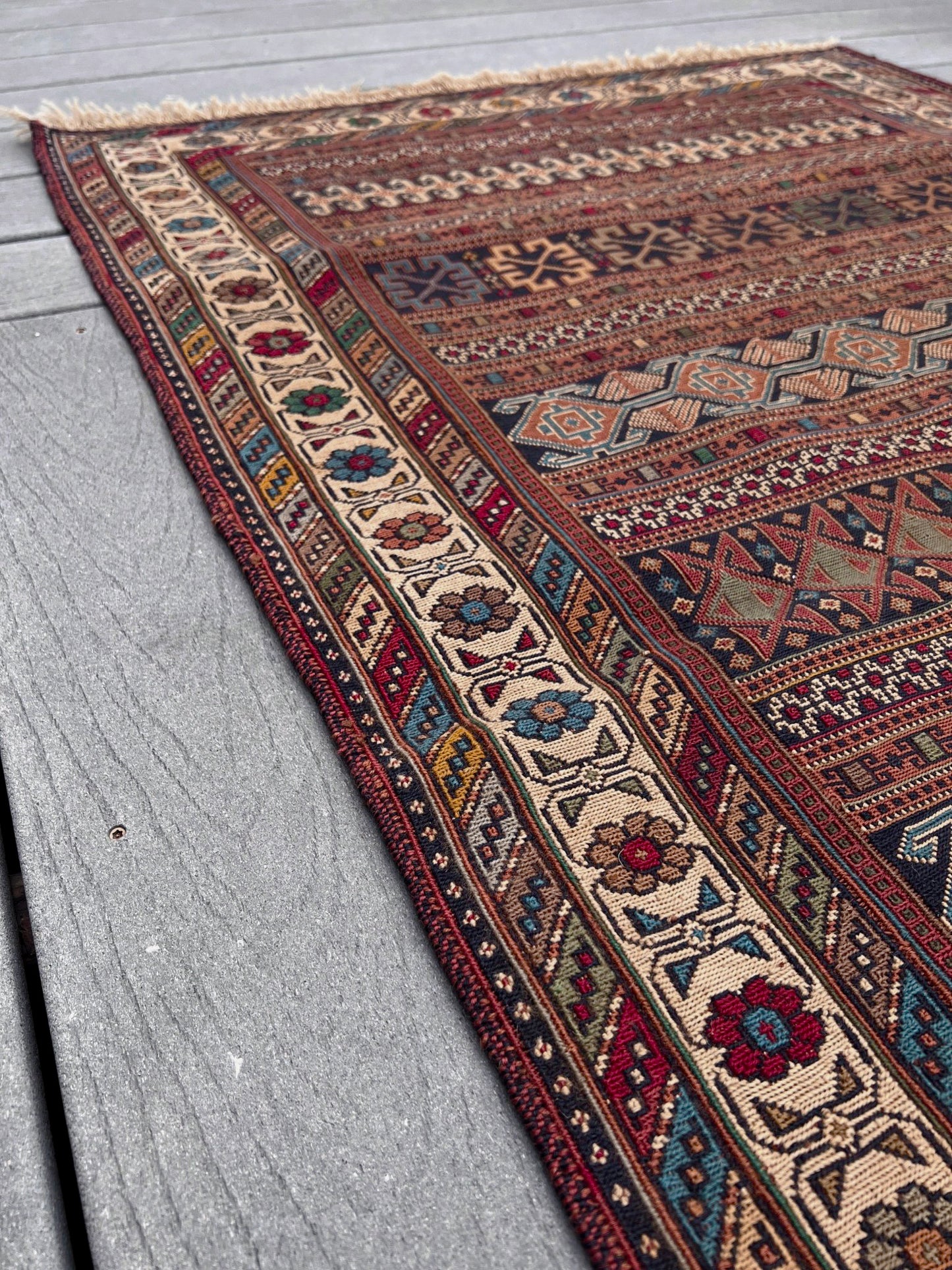 Vintage Rahrah Persian Soumak flatweave rug with terracotta, rust, olive, and ivory geometric bands — handmade wool wall hanging from 1960s Northwest Persia, available at Indigo Rugs, the best rug shop in San Francisco Bay Area, Burlingame CA.