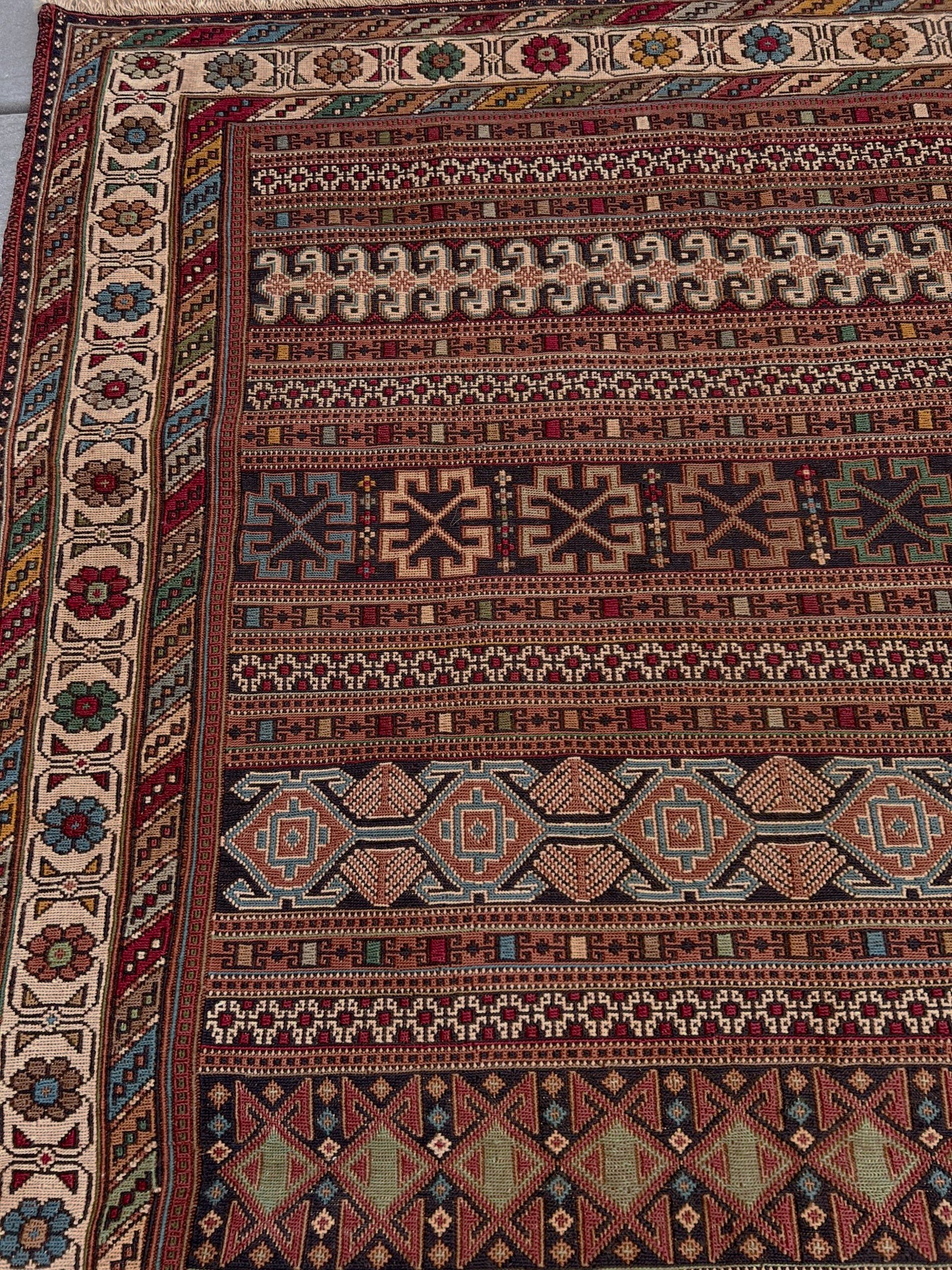 Vintage Rahrah Persian Soumak flatweave rug with terracotta, rust, olive, and ivory geometric bands — handmade wool wall hanging from 1960s Northwest Persia, available at Indigo Rugs, the best rug shop in San Francisco Bay Area, Burlingame CA.