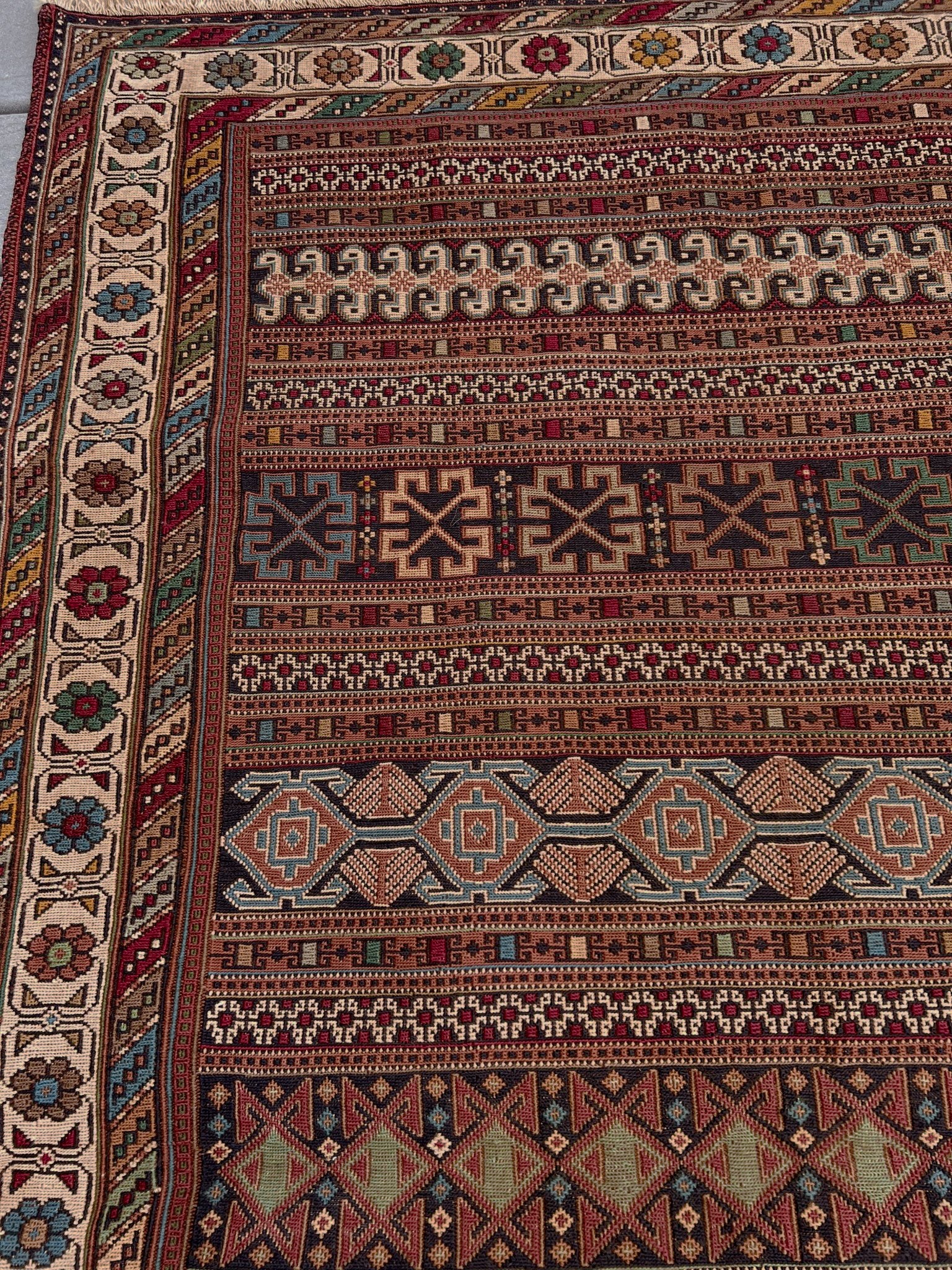 Vintage Rahrah Persian Soumak flatweave rug with terracotta, rust, olive, and ivory geometric bands — handmade wool wall hanging from 1960s Northwest Persia, available at Indigo Rugs, the best rug shop in San Francisco Bay Area, Burlingame CA.