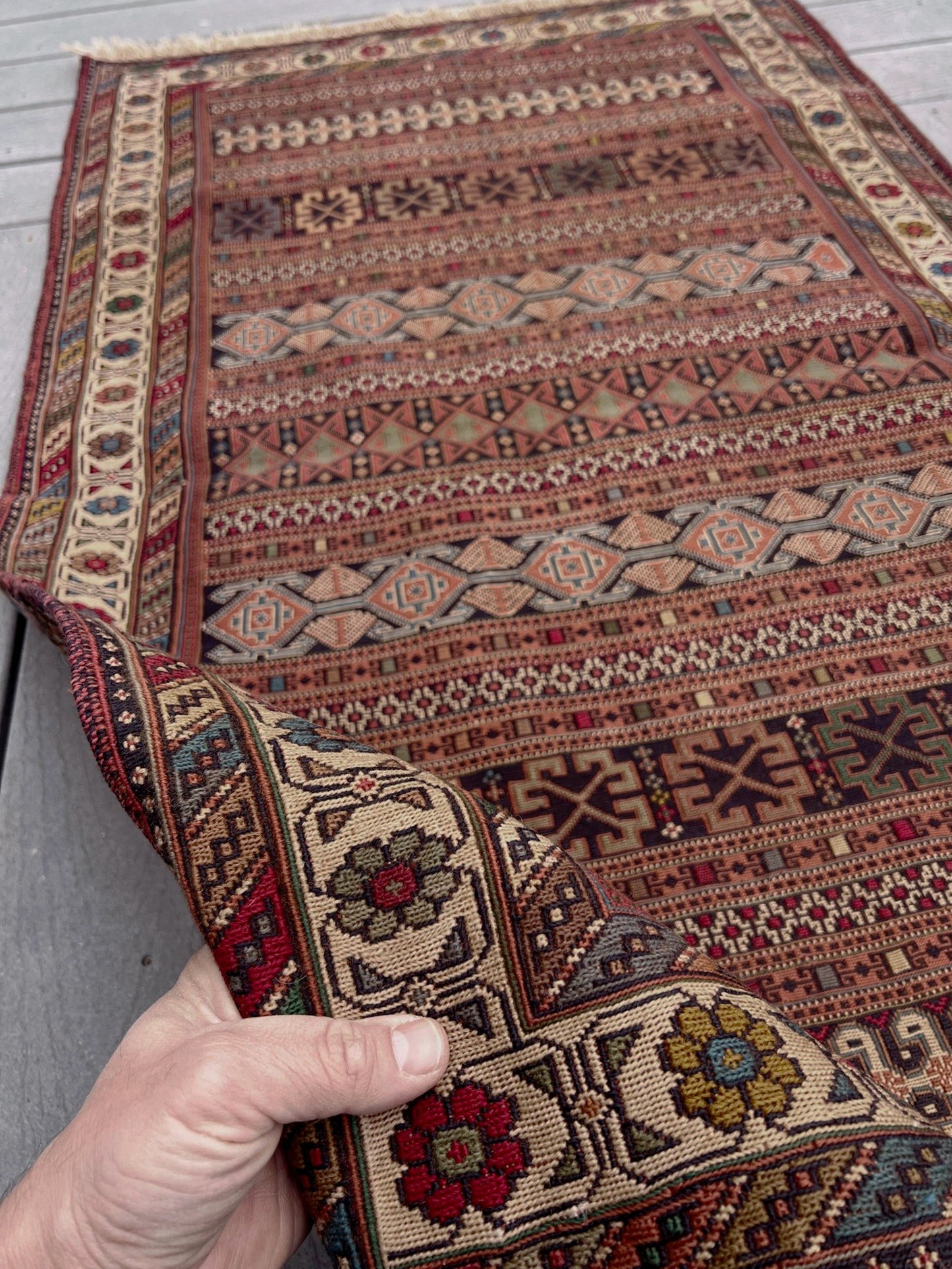 Vintage Rahrah Persian Soumak flatweave rug with terracotta, rust, olive, and ivory geometric bands — handmade wool wall hanging from 1960s Northwest Persia, available at Indigo Rugs, the best rug shop in San Francisco Bay Area, Burlingame CA.