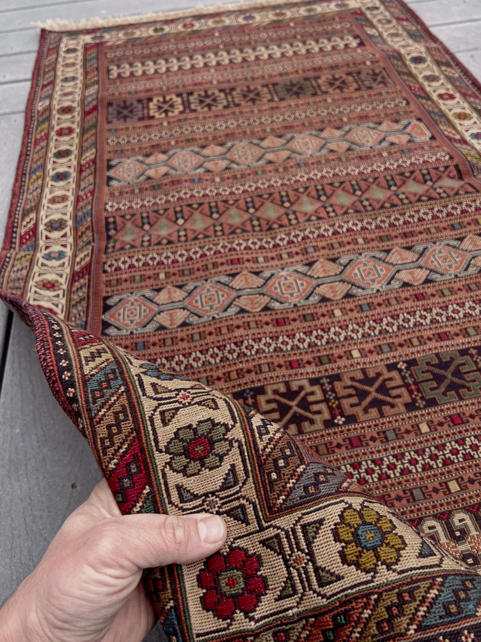 Vintage Rahrah Persian Soumak flatweave rug with terracotta, rust, olive, and ivory geometric bands — handmade wool wall hanging from 1960s Northwest Persia, available at Indigo Rugs, the best rug shop in San Francisco Bay Area, Burlingame CA.