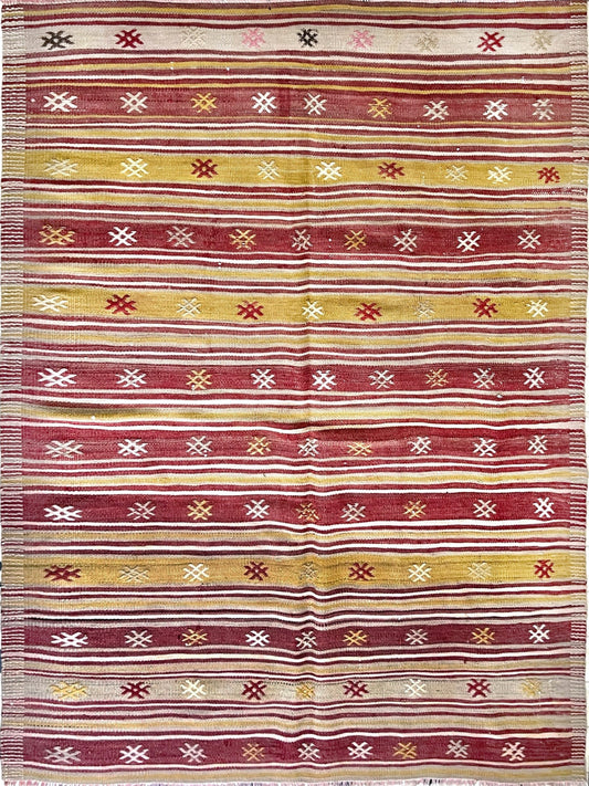 5x7 Red yellow Handmade wool striped flatweave rug. Vintage Turkish kilim rug shop san francisco bay area. Free shipping.