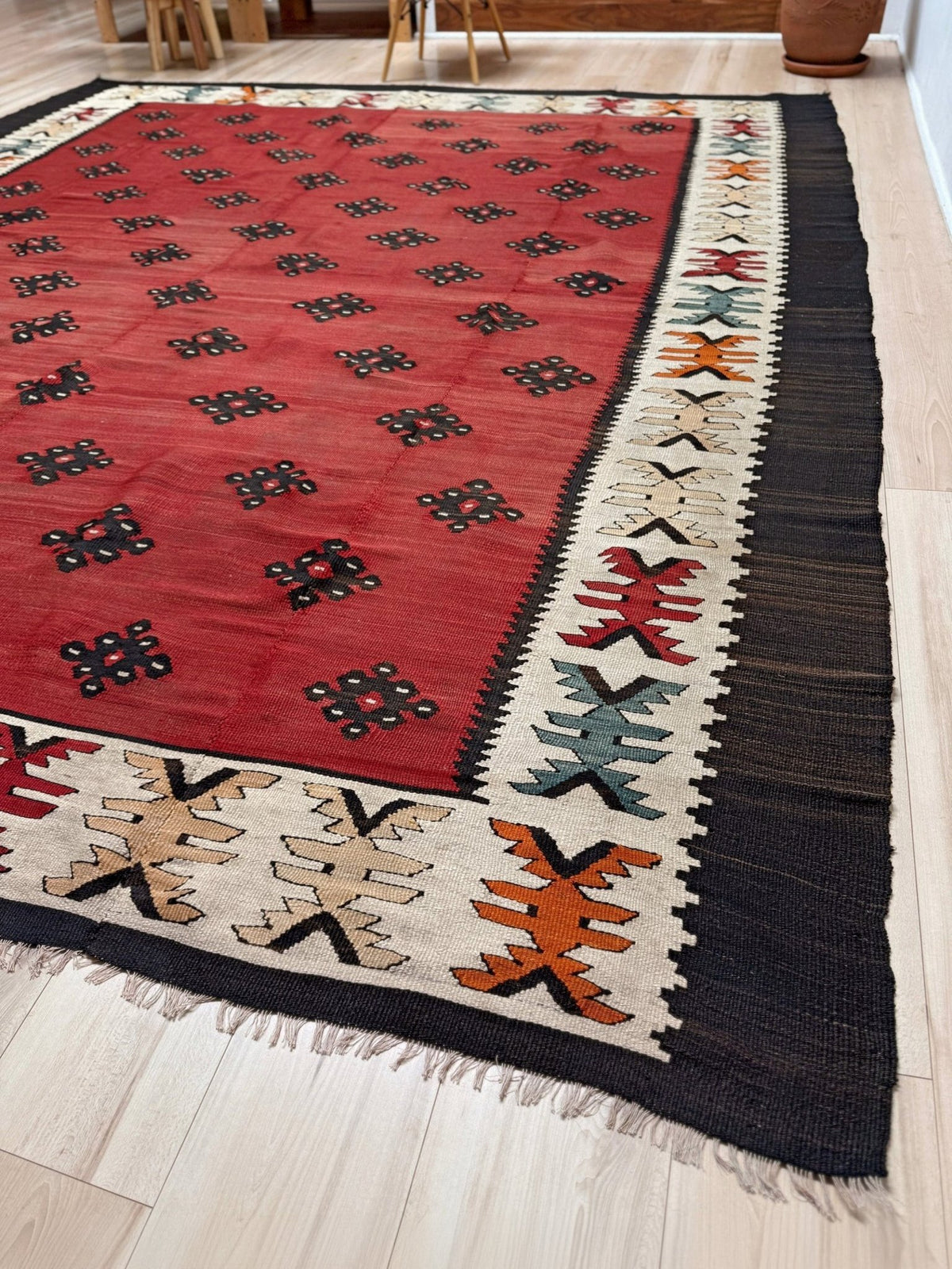  10x11 Square Large vintage Pirot Sharkoy nomadic kilim with madder red field and tribal medallion pattern, handwoven wool flatweave rug for living room, bedroom.
