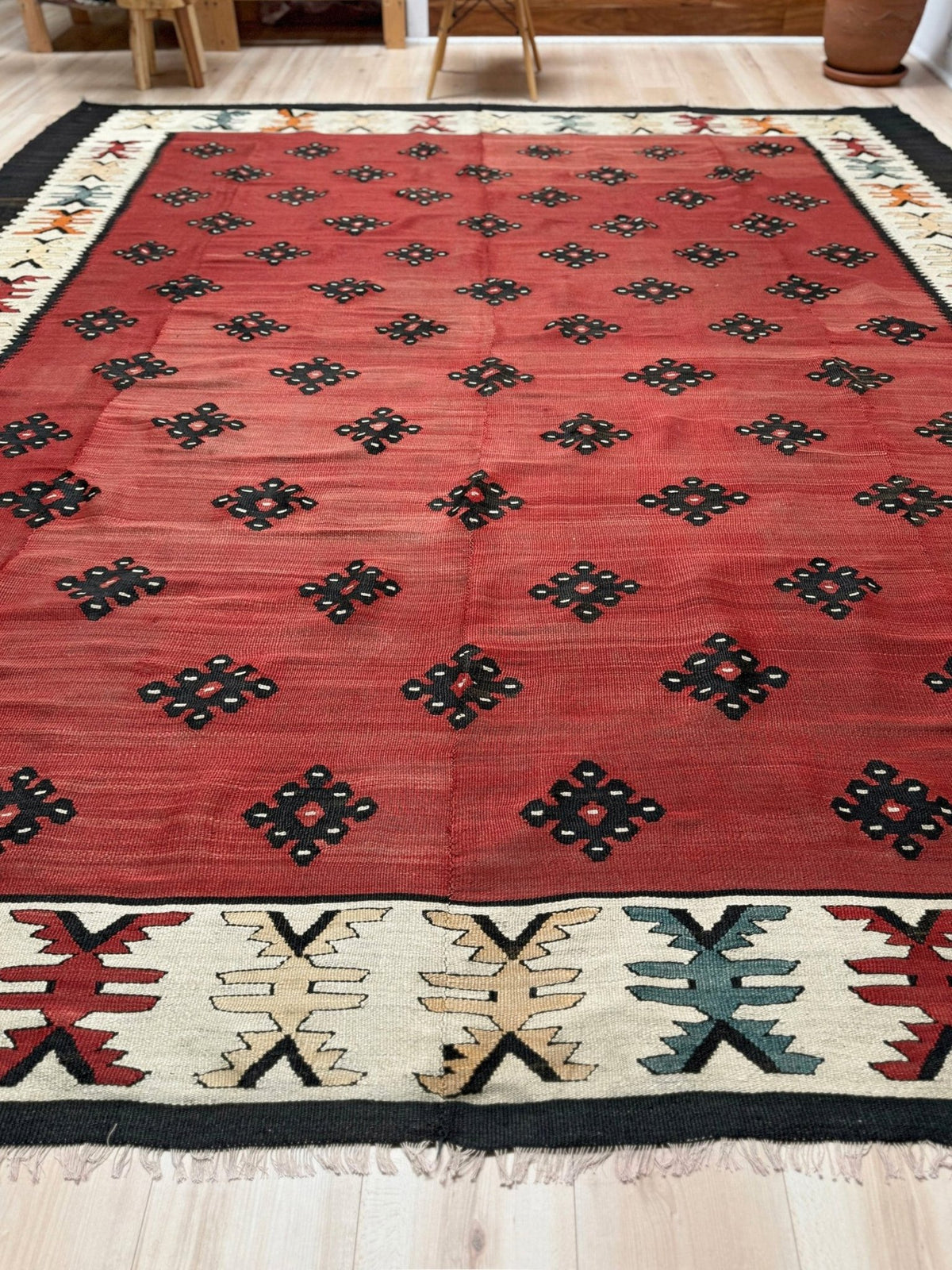  10x11 Square Large vintage Pirot Sharkoy nomadic kilim with madder red field and tribal medallion pattern, handwoven wool flatweave rug for living room, bedroom.