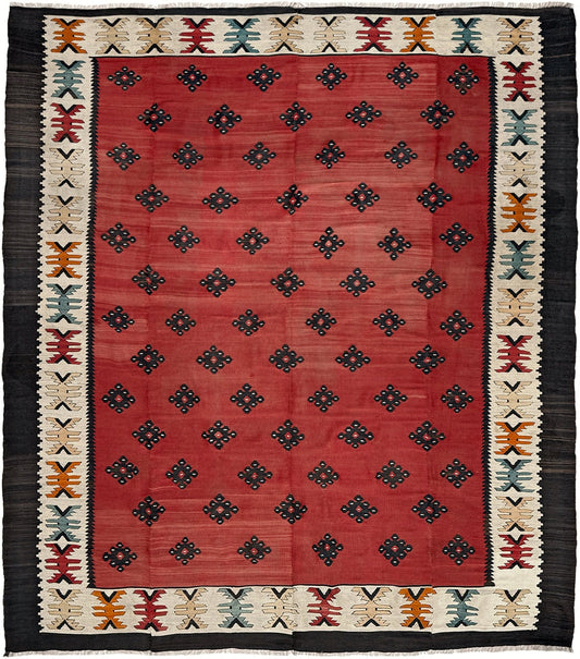  10x11 Square Large vintage Pirot Sharkoy nomadic kilim with madder red field and tribal medallion pattern, handwoven wool flatweave rug for living room, bedroom.