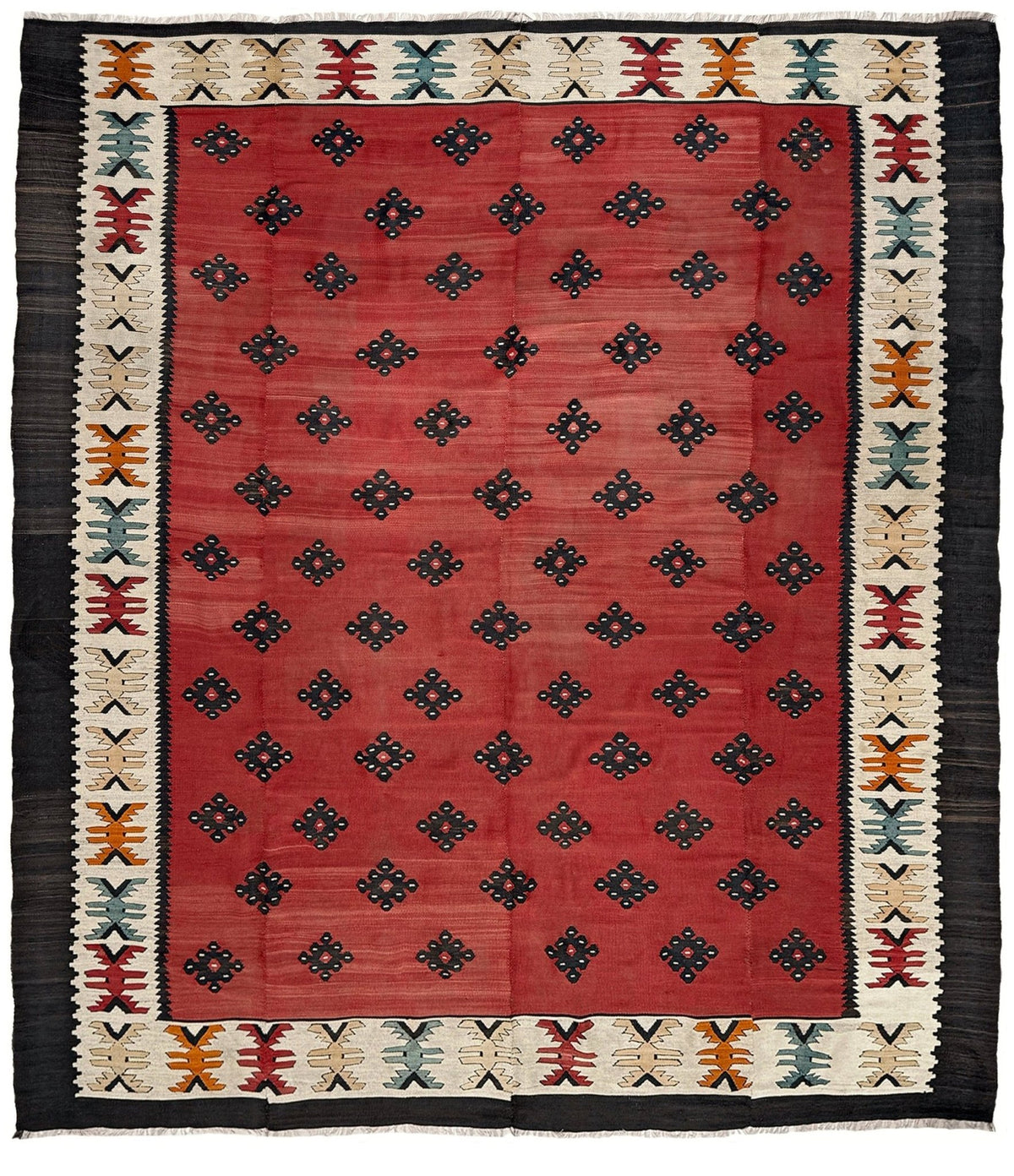  10x11 Square Large vintage Pirot Sharkoy nomadic kilim with madder red field and tribal medallion pattern, handwoven wool flatweave rug for living room, bedroom.