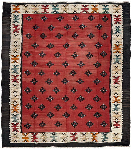  10x11 Square Large vintage Pirot Sharkoy nomadic kilim with madder red field and tribal medallion pattern, handwoven wool flatweave rug for living room, bedroom.