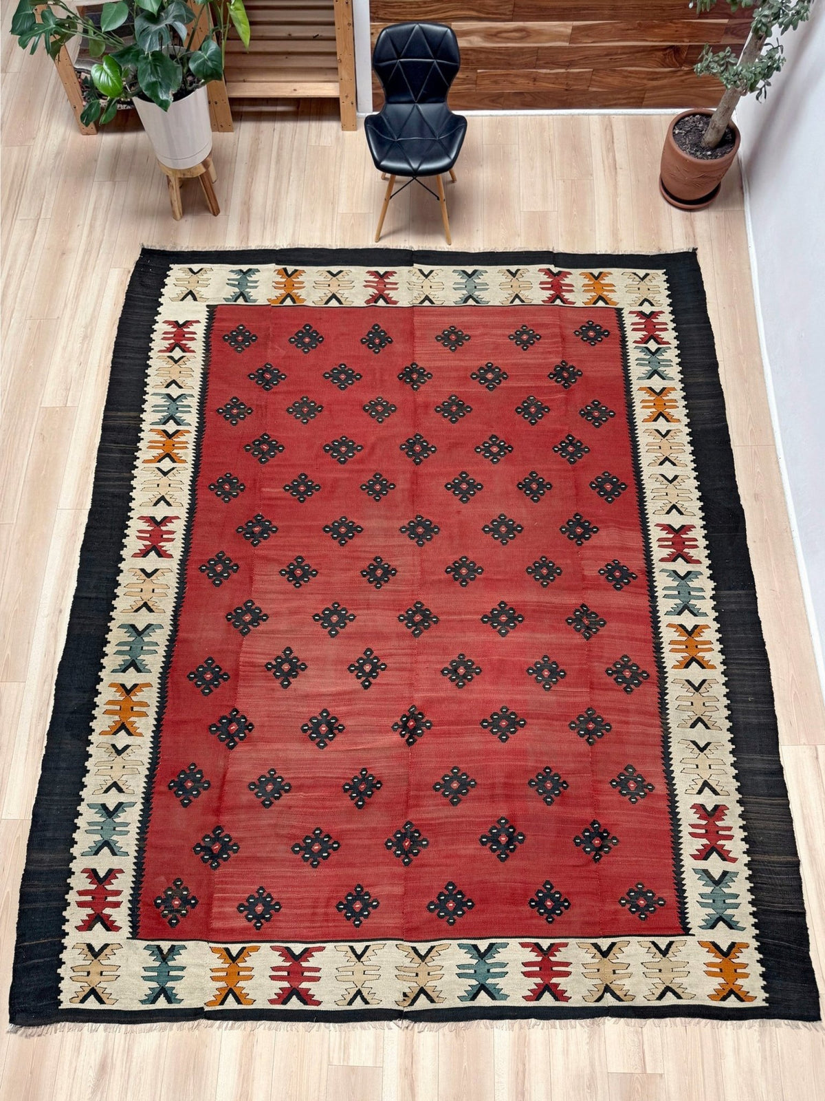  10x11 Square Large vintage Pirot Sharkoy nomadic kilim with madder red field and tribal medallion pattern, handwoven wool flatweave rug for living room, bedroom.