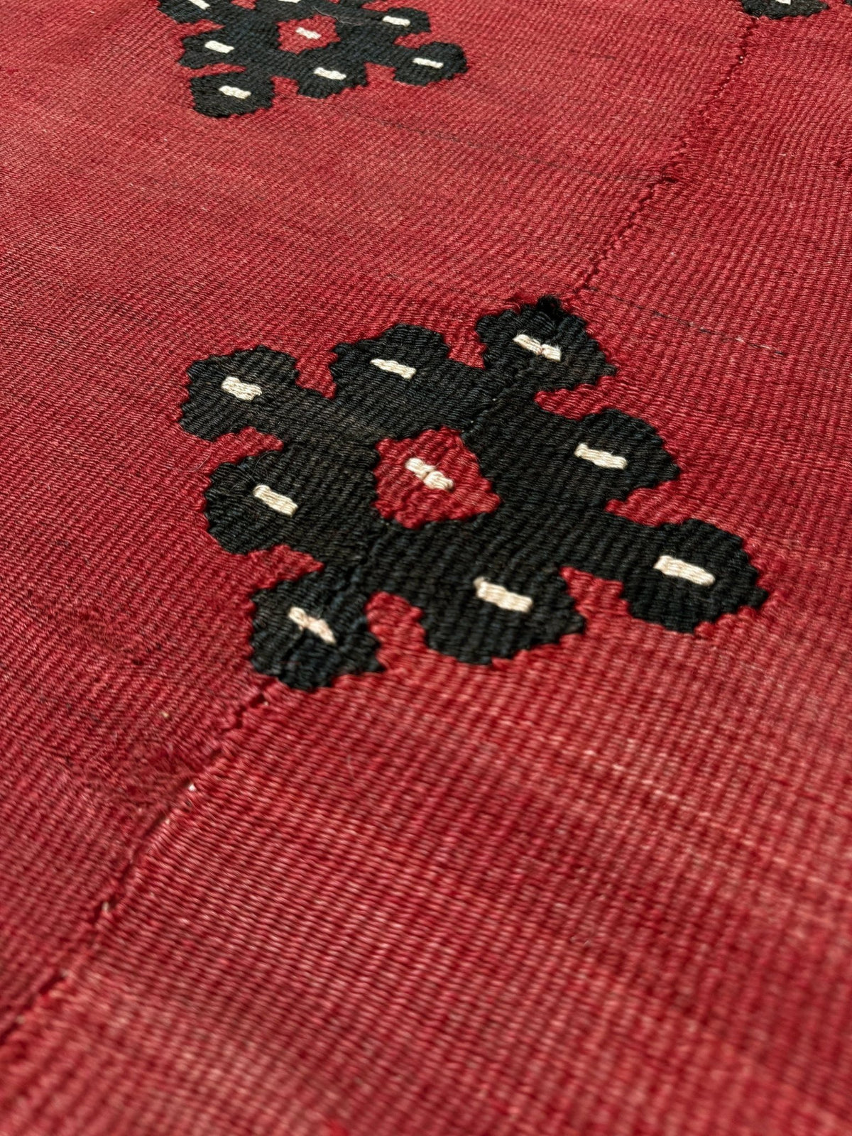  10x11 Square Large vintage Pirot Sharkoy nomadic kilim with madder red field and tribal medallion pattern, handwoven wool flatweave rug for living room, bedroom.