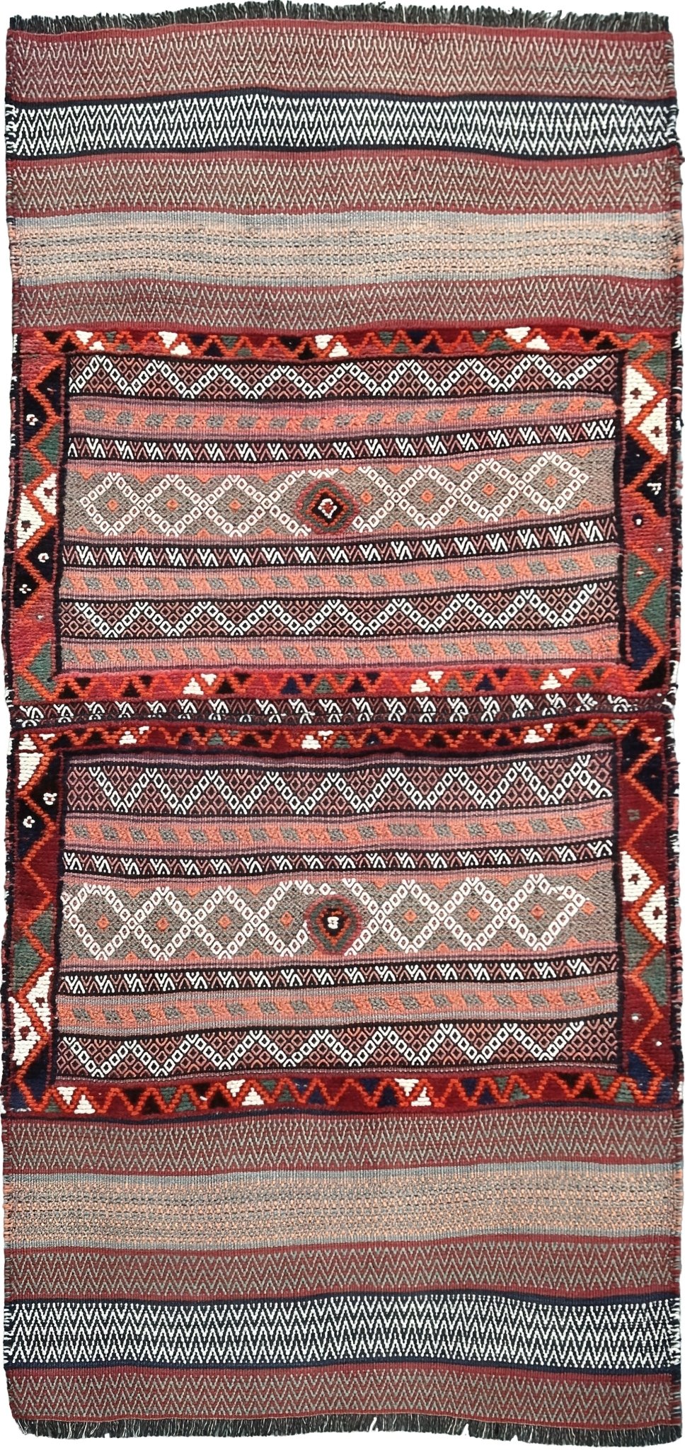 Vintage Bakhtiari khorjin saddle bag wall art rug (3'x6'7") featuring terracotta and ivory diamond motifs, olive and charcoal tribal patterns, and rare triple-weave structure — handmade in NW Persia, circa 1940s