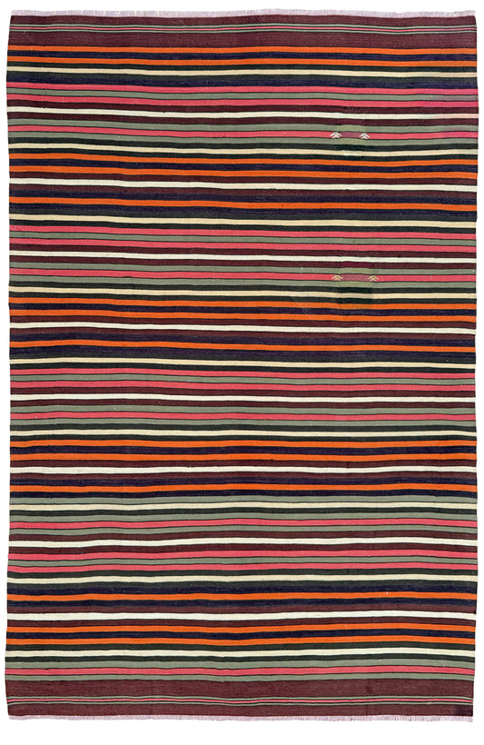 Vintage Turkish striped vibrant kilim rug with colorful bands, handmade wool flatweave 5x7 from Indigo Rugs Burlingame Bay Area.