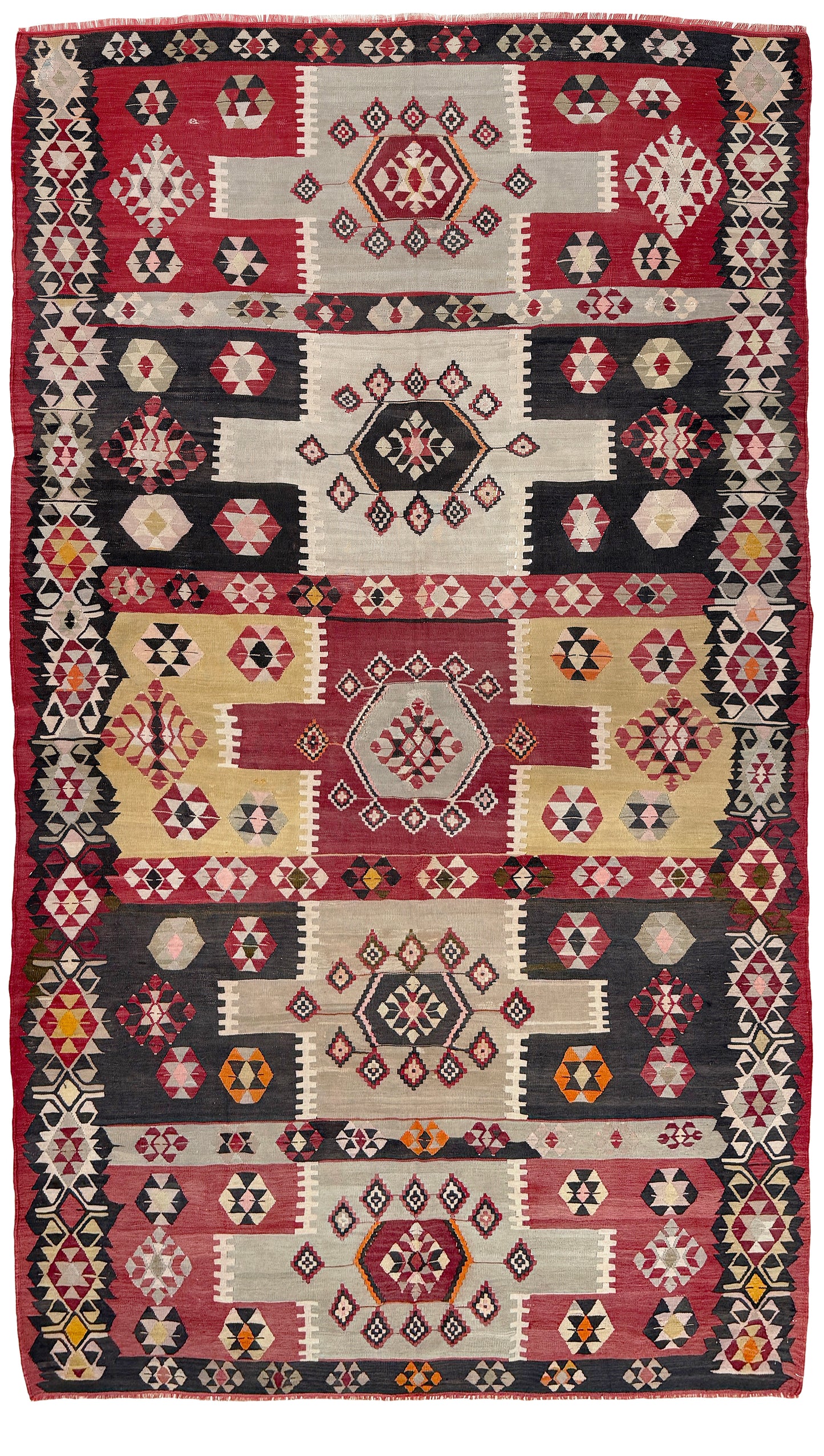 Vintage Milas Turkish kilim geometric rug  in madder red, charcoal black, handmade wool flatweave area rug 6x10 with authentic Anatolian tribal character