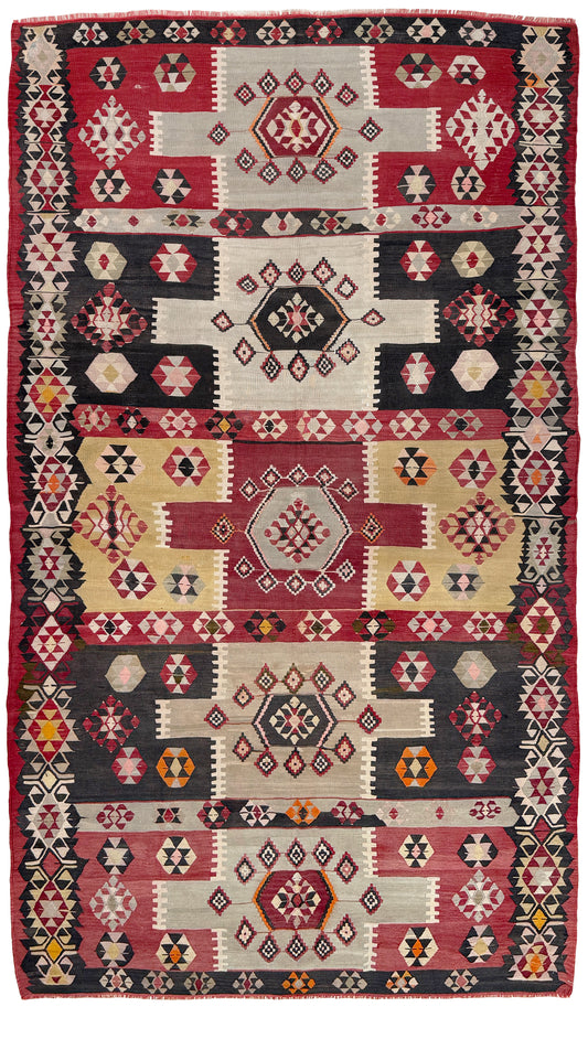 Vintage Milas Turkish kilim geometric rug  in madder red, charcoal black, handmade wool flatweave area rug 6x10 with authentic Anatolian tribal character