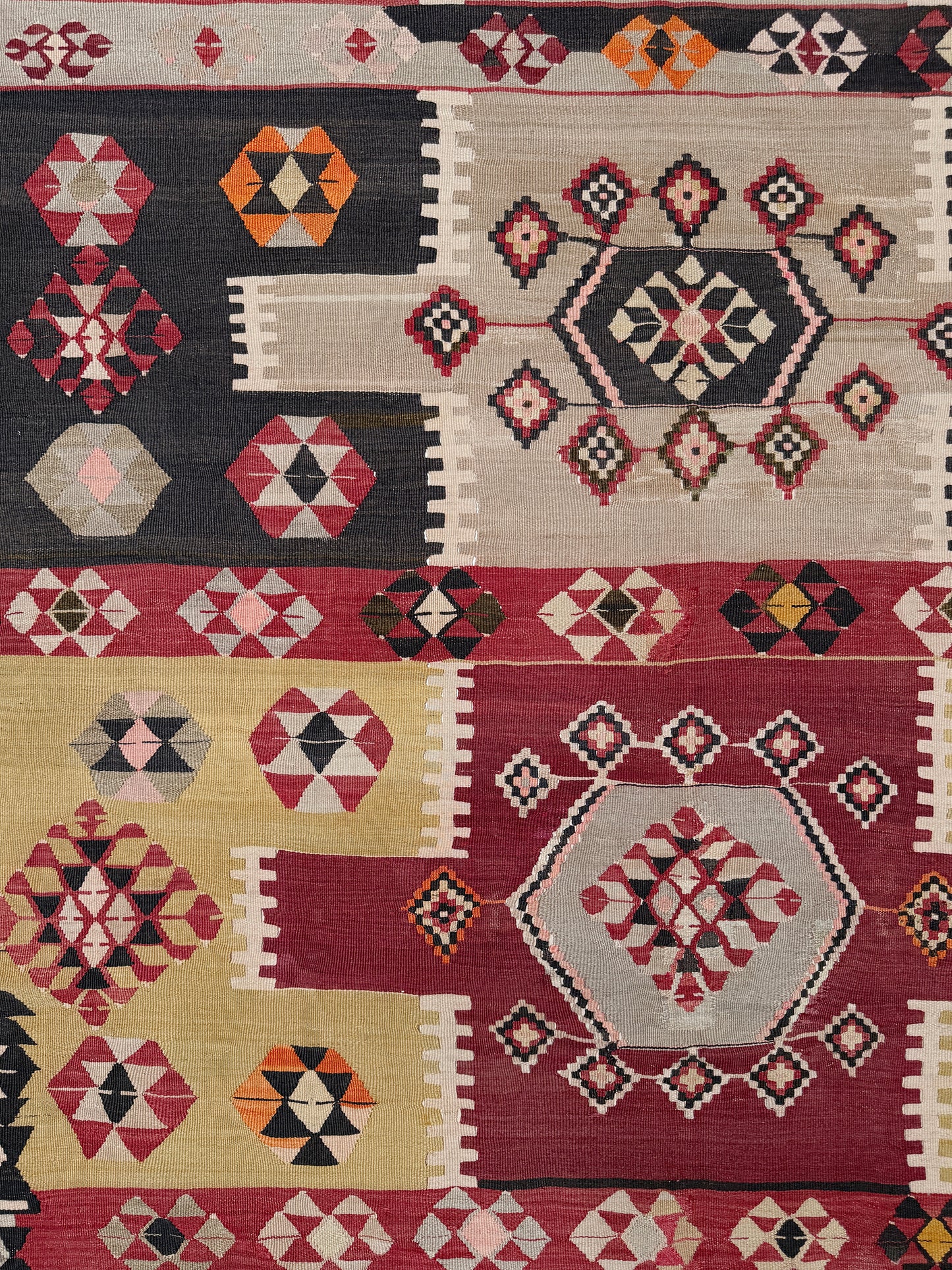 Vintage Milas Turkish kilim geometric rug  in madder red, charcoal black, handmade wool flatweave area rug 6x10 with authentic Anatolian tribal character