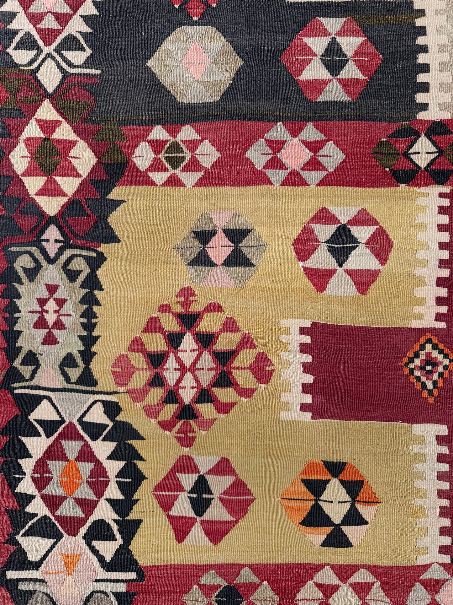 Vintage Milas Turkish kilim geometric rug  in madder red, charcoal black, handmade wool flatweave area rug 6x10 with authentic Anatolian tribal character